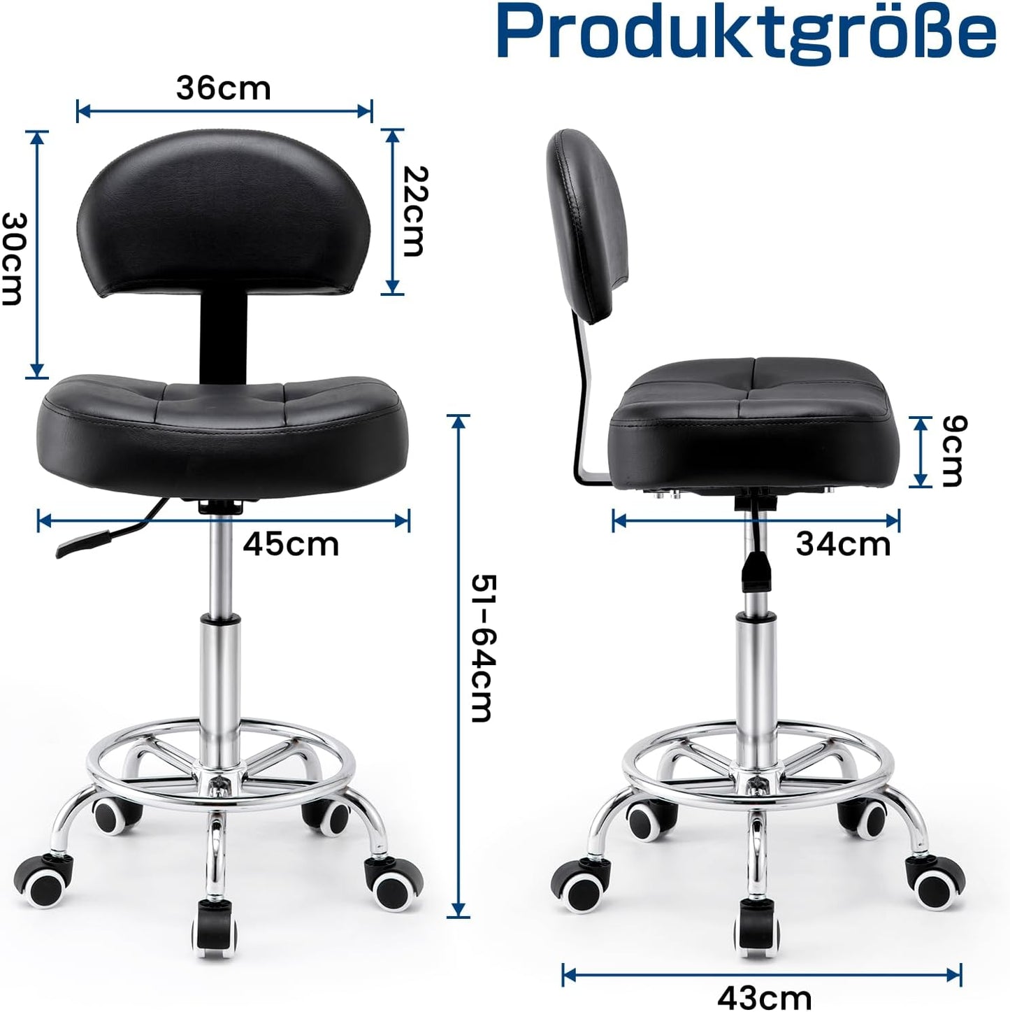 Rollhocker mit Lehne und Rollen, höhenverstellbar, Tinte