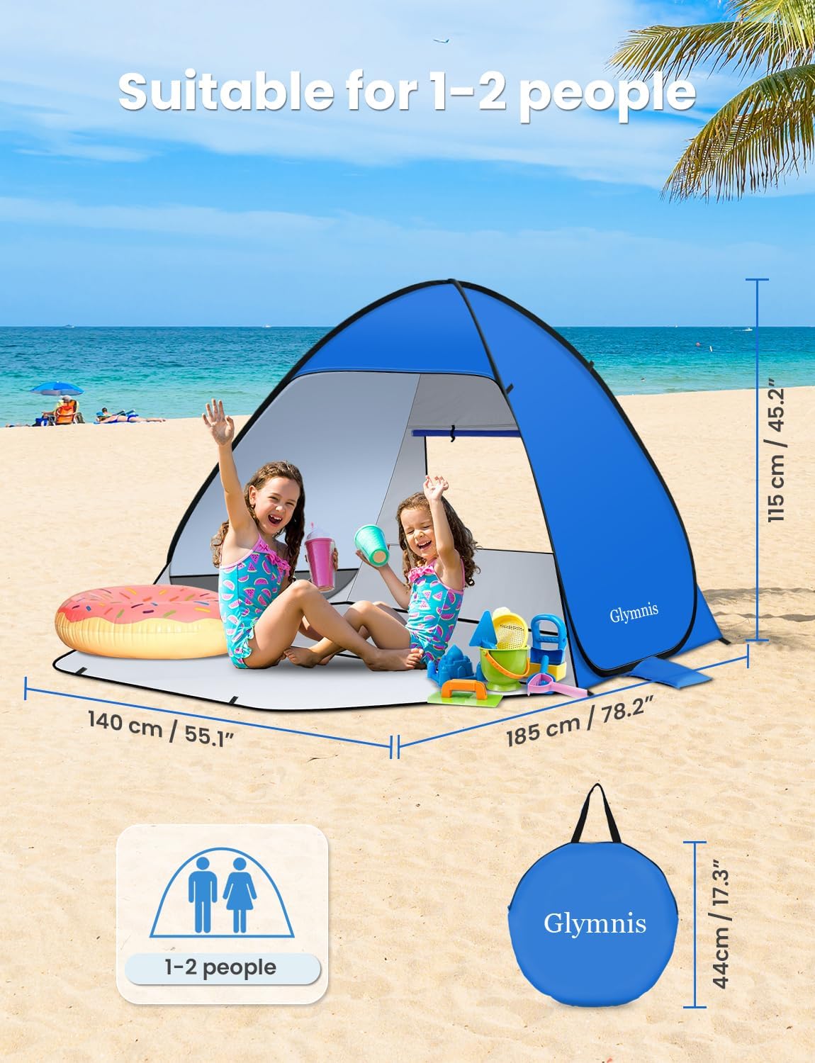Pop-Up Strandzelt mit UV-Schutz und Reissverschlusstür, Blau für 1–2 Personen