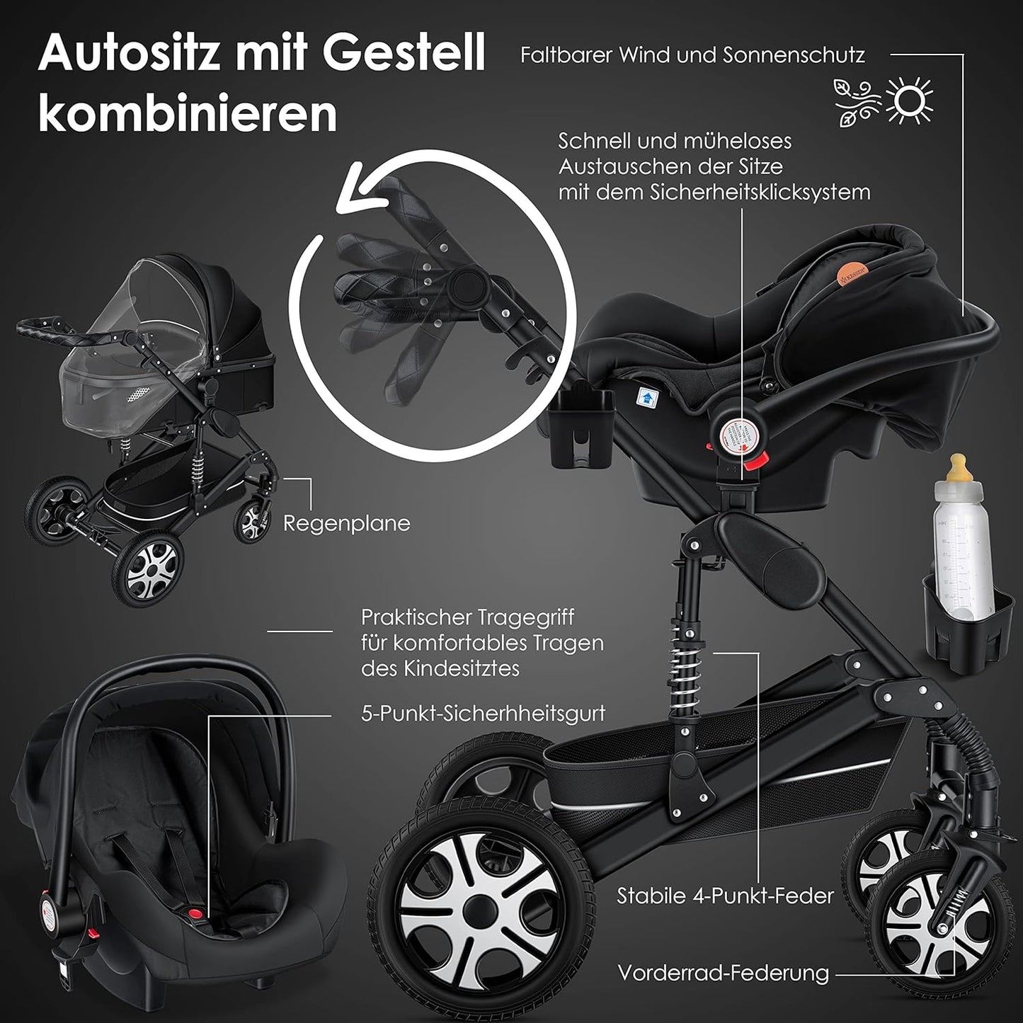 Loops 3 in 1 Kombikinderwagen-Set mit Babyschale, Schwarz / Schwarz
