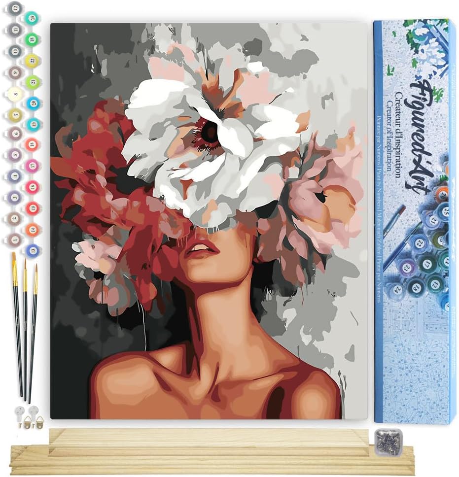 Malen nach Zahlen Set mit Keilrahmen, Schönheit hinter Blumen 40x50cm Mit Keilrahmen (nicht gespannt)
