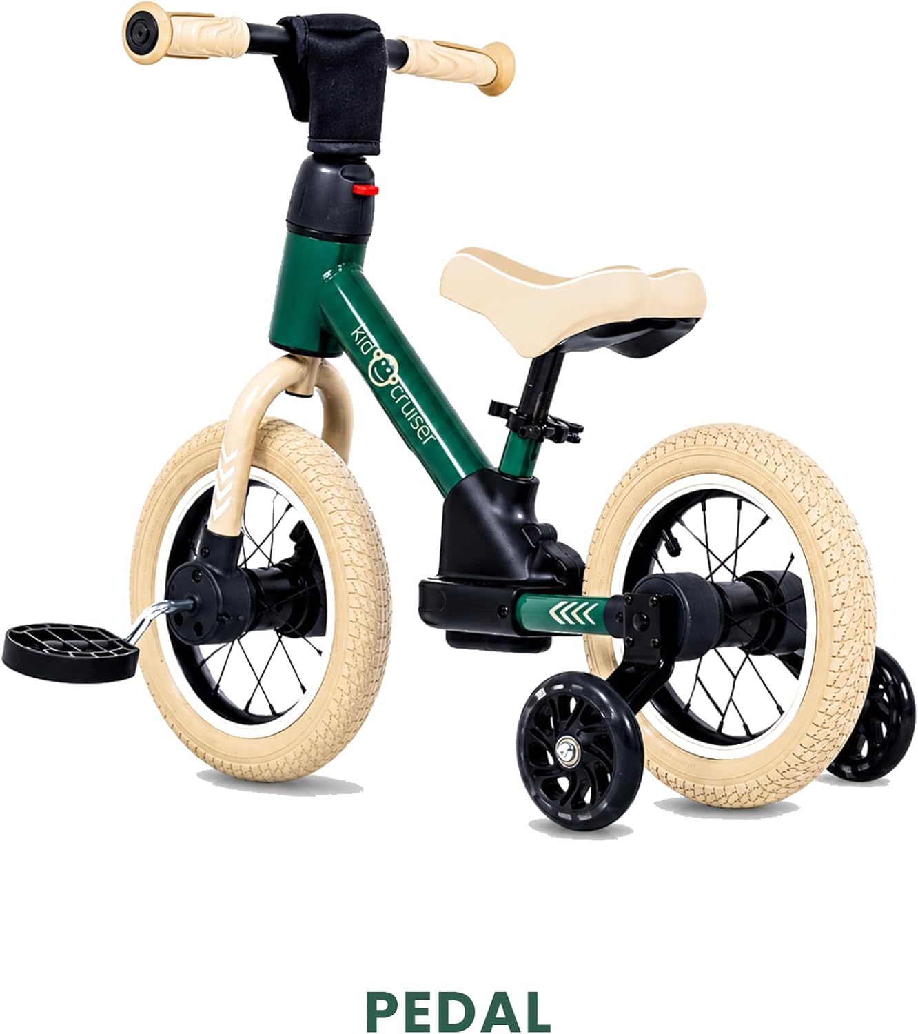 Pedalplay 3-in-1 Laufrad mit LED-Stützrädern & Pedalen, Waldgrün & cremiges Weiss
