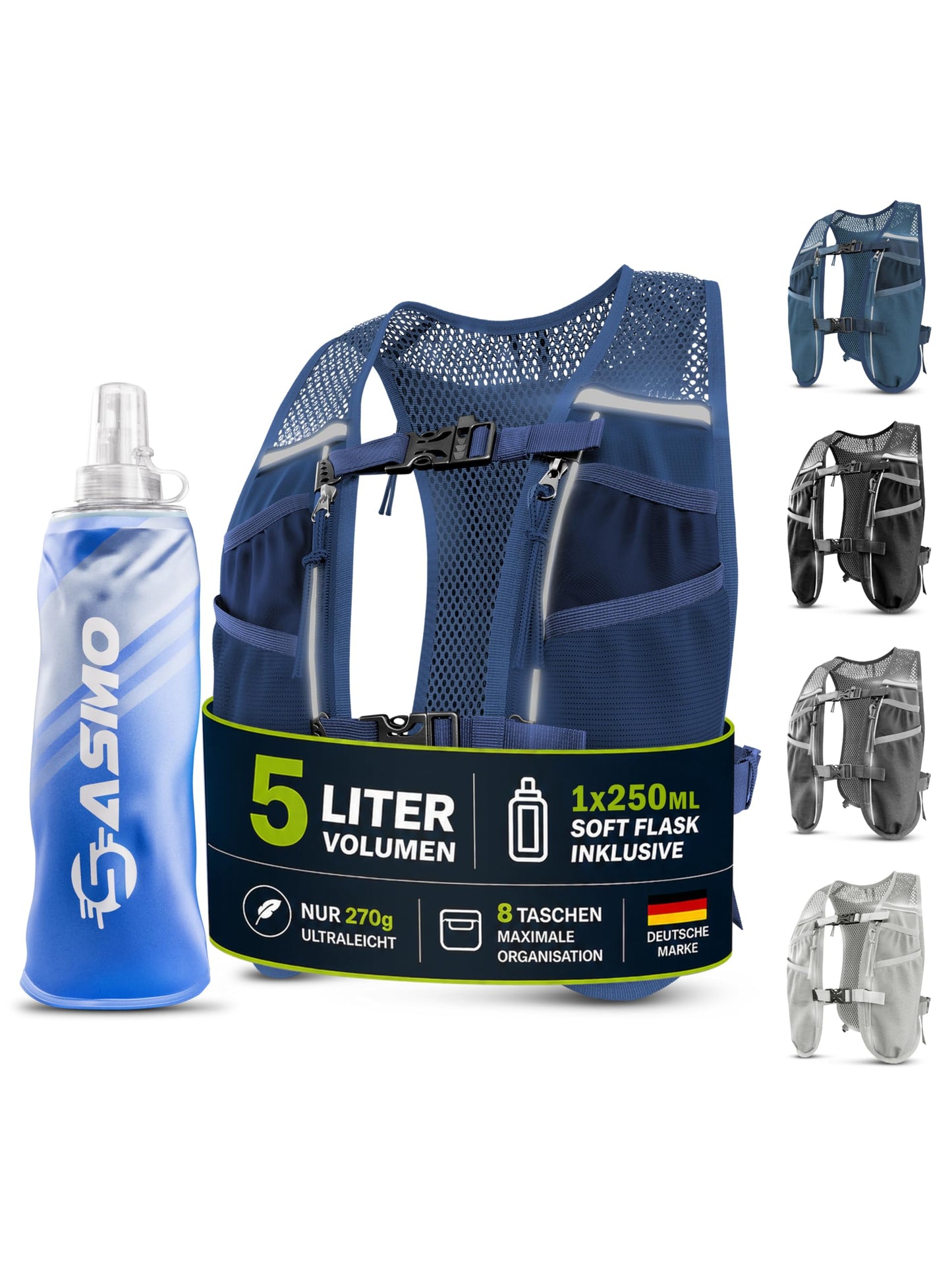 Laufweste Ultraleicht mit Trinkflaschen (5L), navyblau - mit 2x250ml 5L