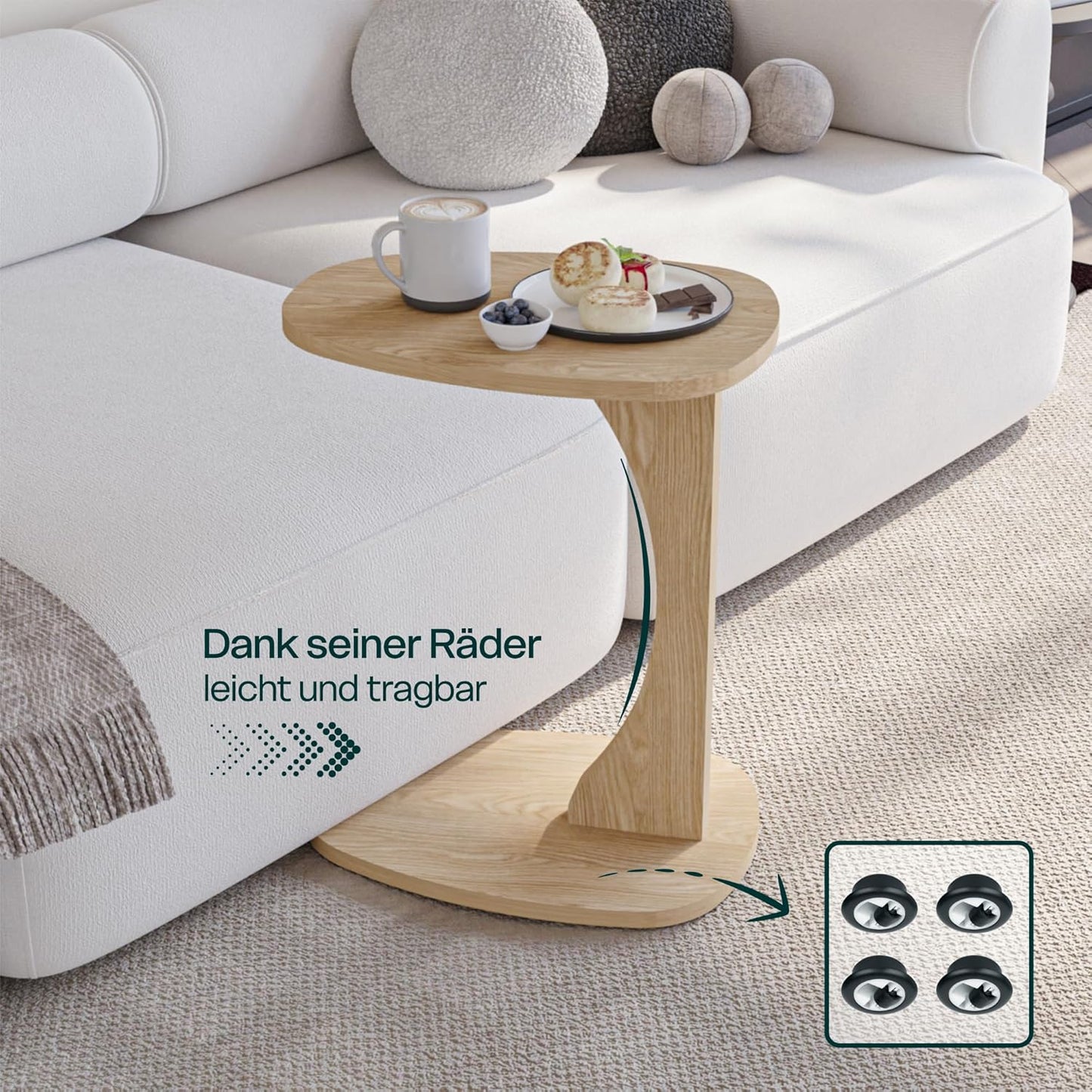 Beistelltisch Norma in C-Form mit Rollen, Natur Eiche-optik