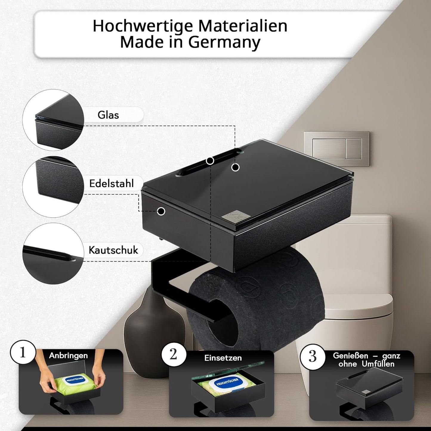 2-in-1 Toilettenpapier- und Feuchttuchhalter, Gehäuse Schwarz Matt Glas Schwarz Rechts
