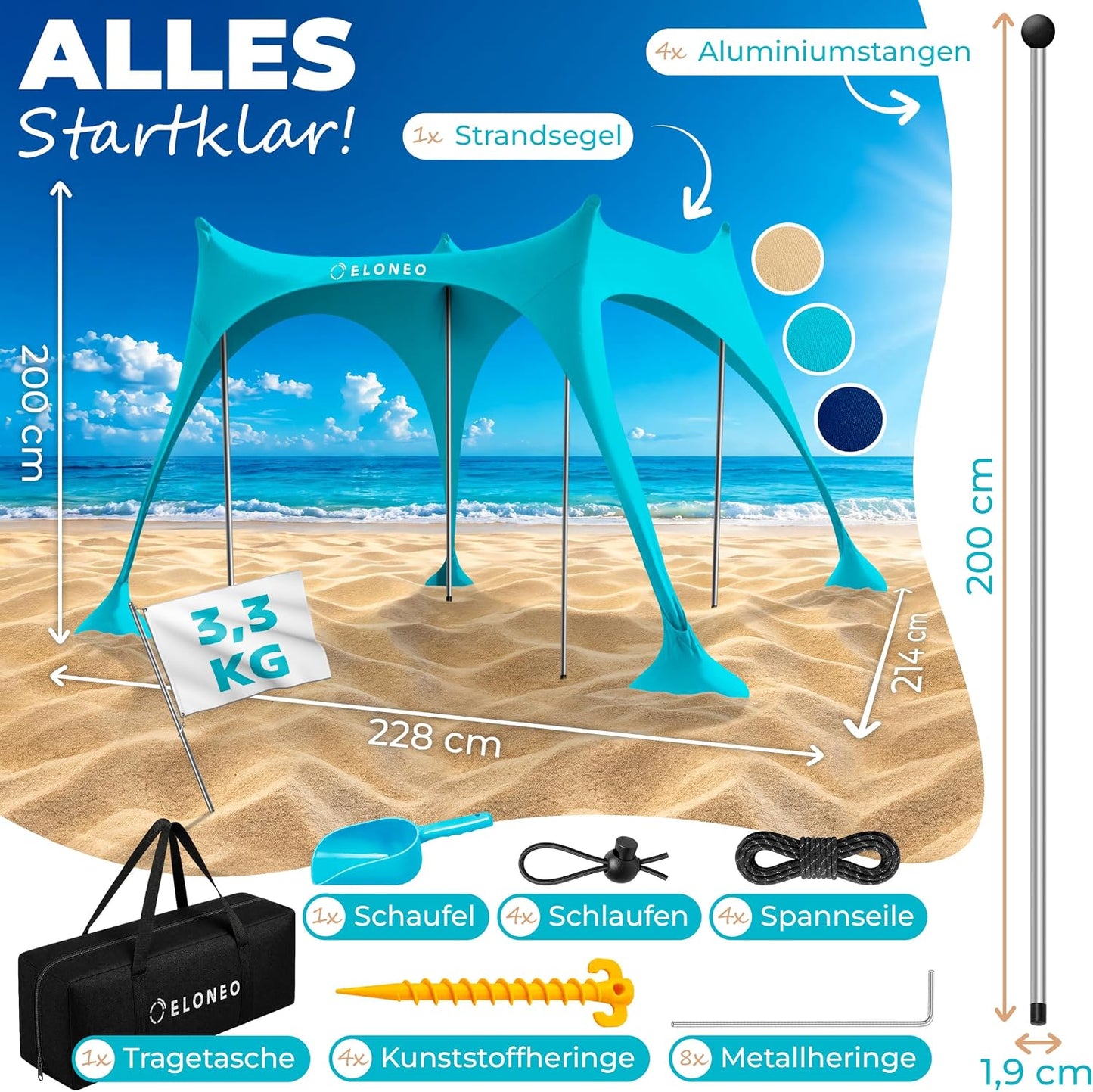 Strand-Sonnensegel mit UV-Schutz LSF 50+, Türkis 228 x 214 x 200 cm / 4 Stangen