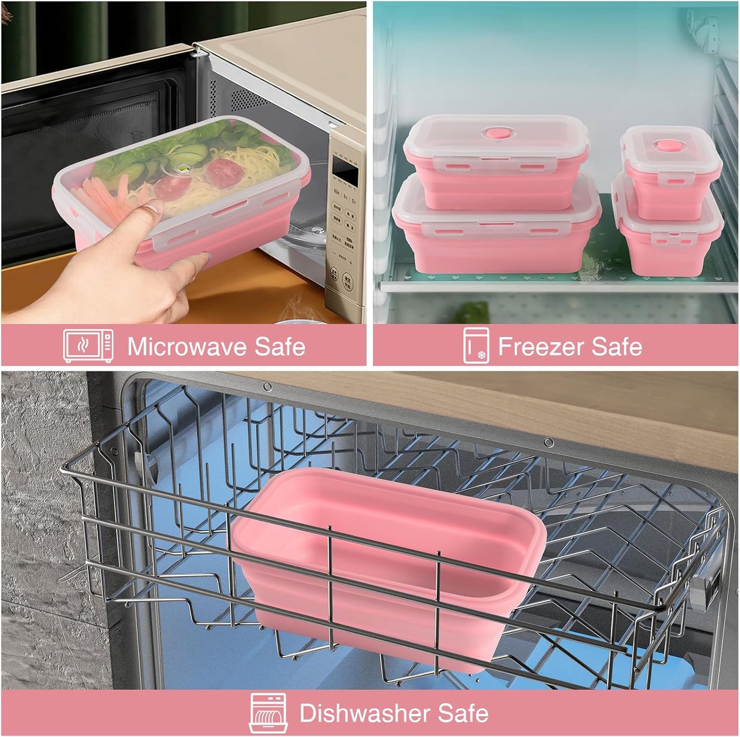Faltbares Food Container-Set, 4-teilig mit Deckel, Rosa