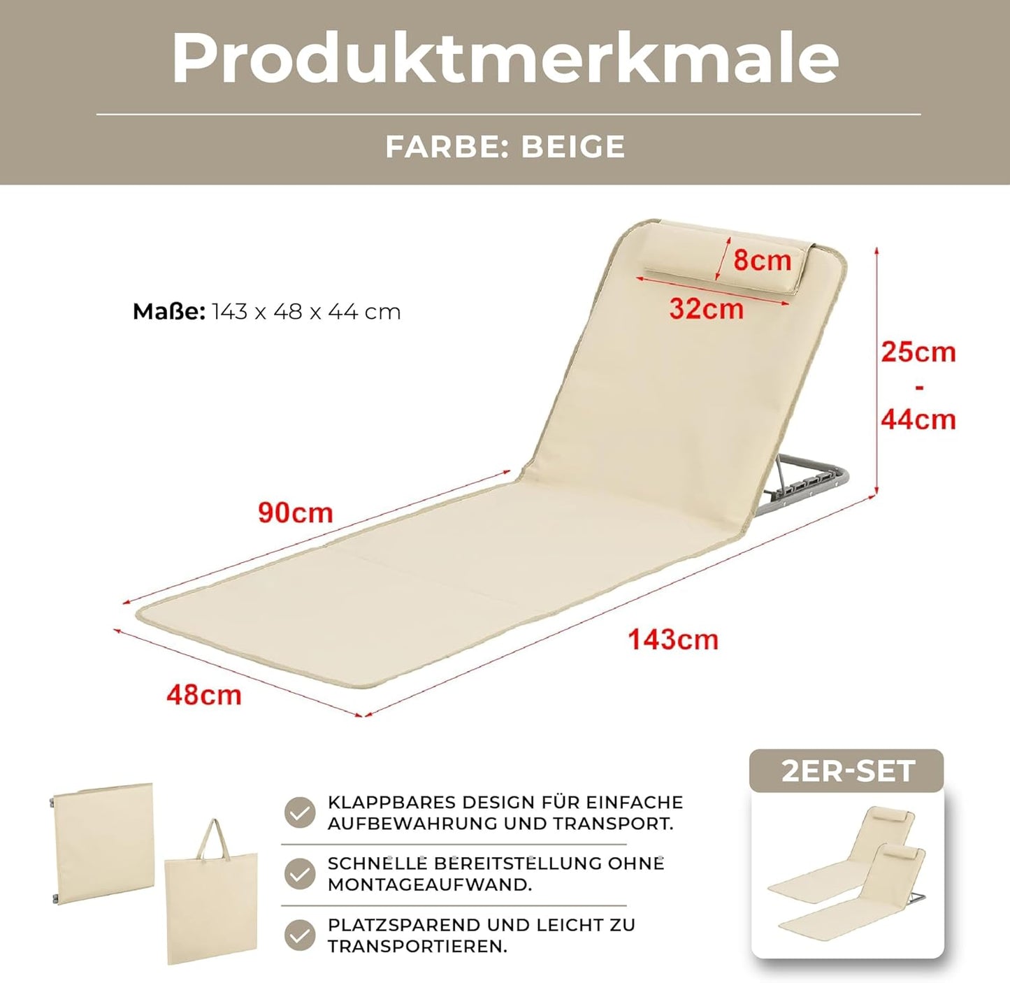 Strandmatte 2er-Set mit Verstellbarer Rückenlehne, Beige