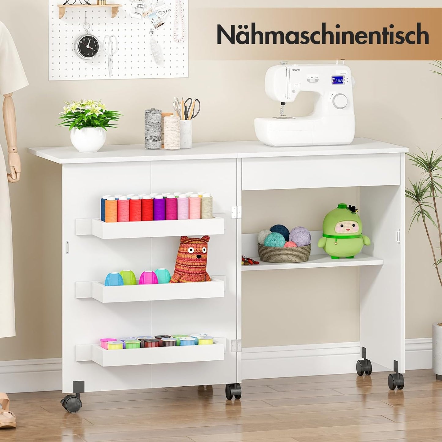 Klappbarer Nähtisch mit Ablagefächern, Weiß