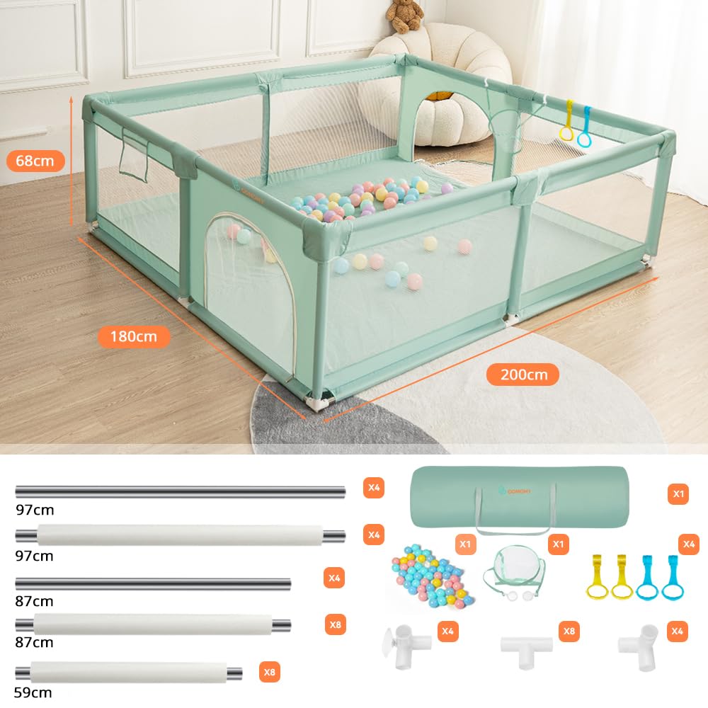 Laufstall Baby XXL mit Schutzgitter und Spielzubehör, Dunkelgrün 180x200x66cm