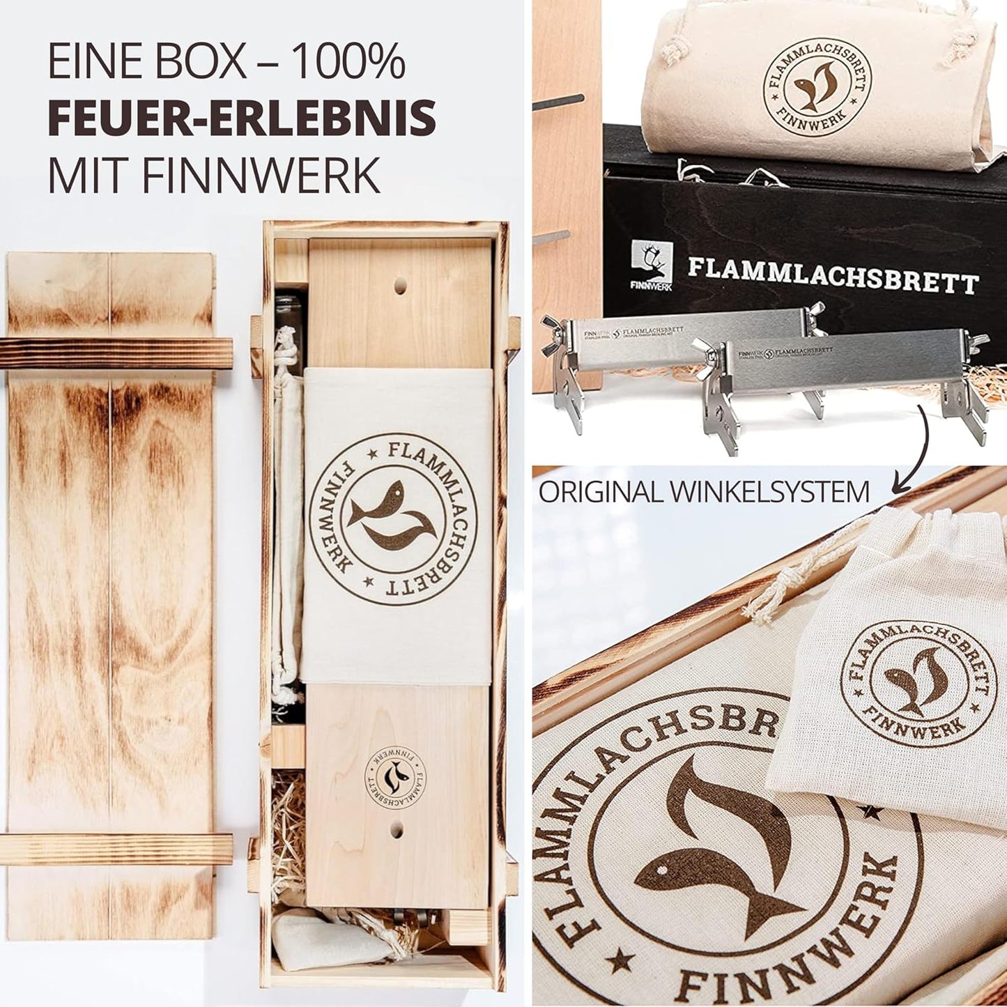 Flammlachsbrett-Set mit Edelstahlhalterung, 2er Set Geschenkset - Schwarz