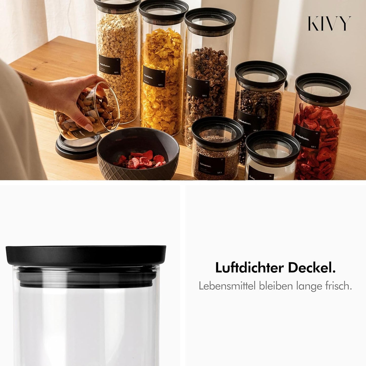2-teiliges Vorratsgläser mit transparenten Glasdeckel und Etiketten, 2x 1800ml