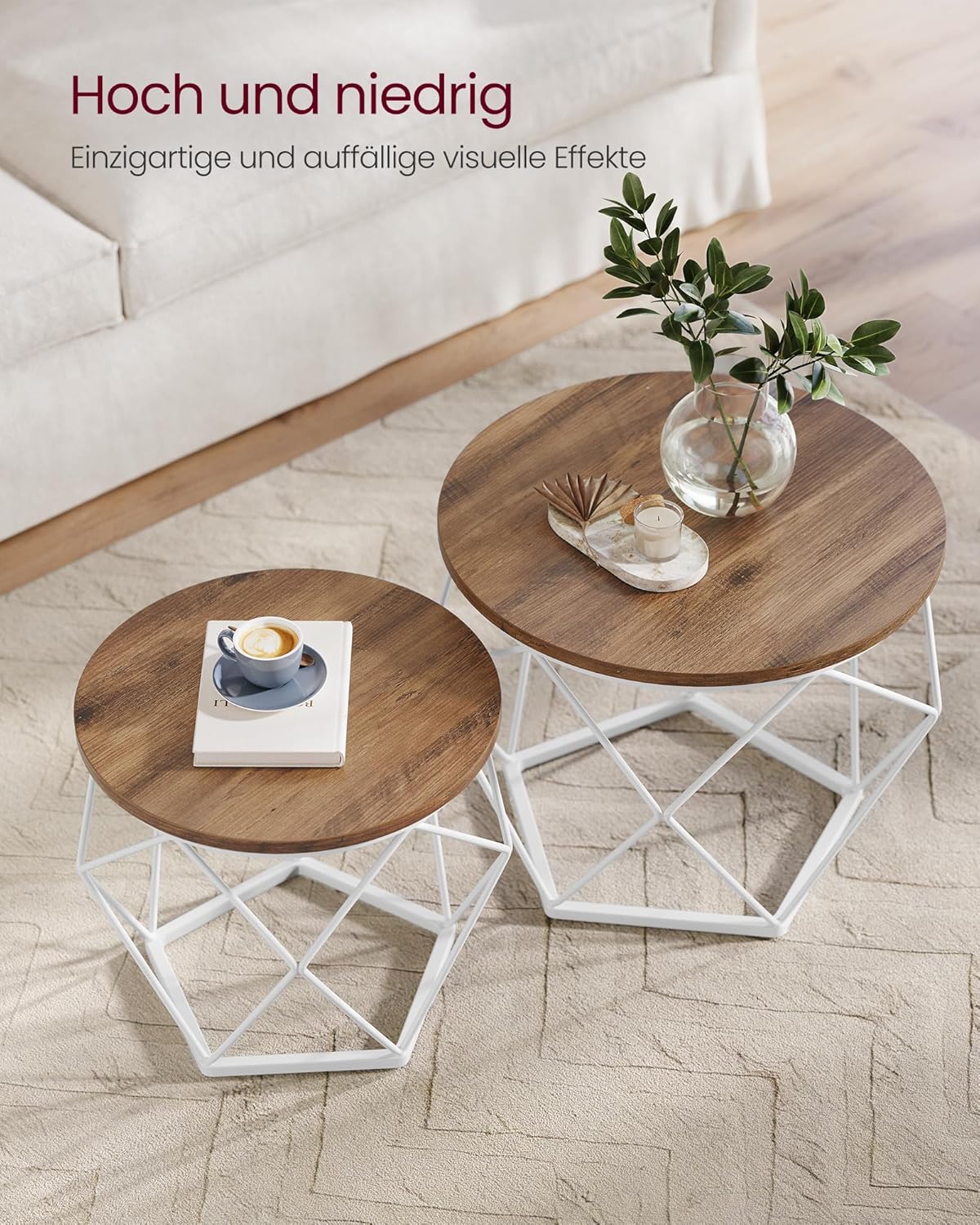 Runder Couchtisch-Set mit abnehmbarer Platte (2-teilig), (50d x 40H) cm+(40d x 36H) cm Honigbraun + Wolkenweiss