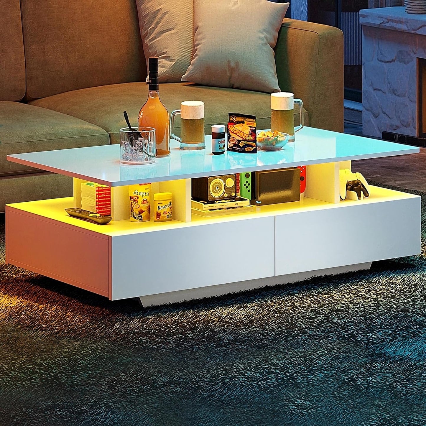 Moderner Couchtisch mit LED und Schubladen