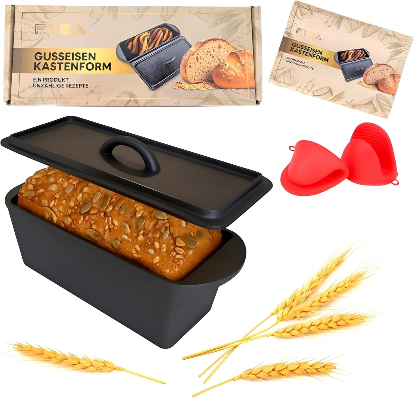 Brotbackform mit Deckel und Silikonhandschuhen, Schwarz