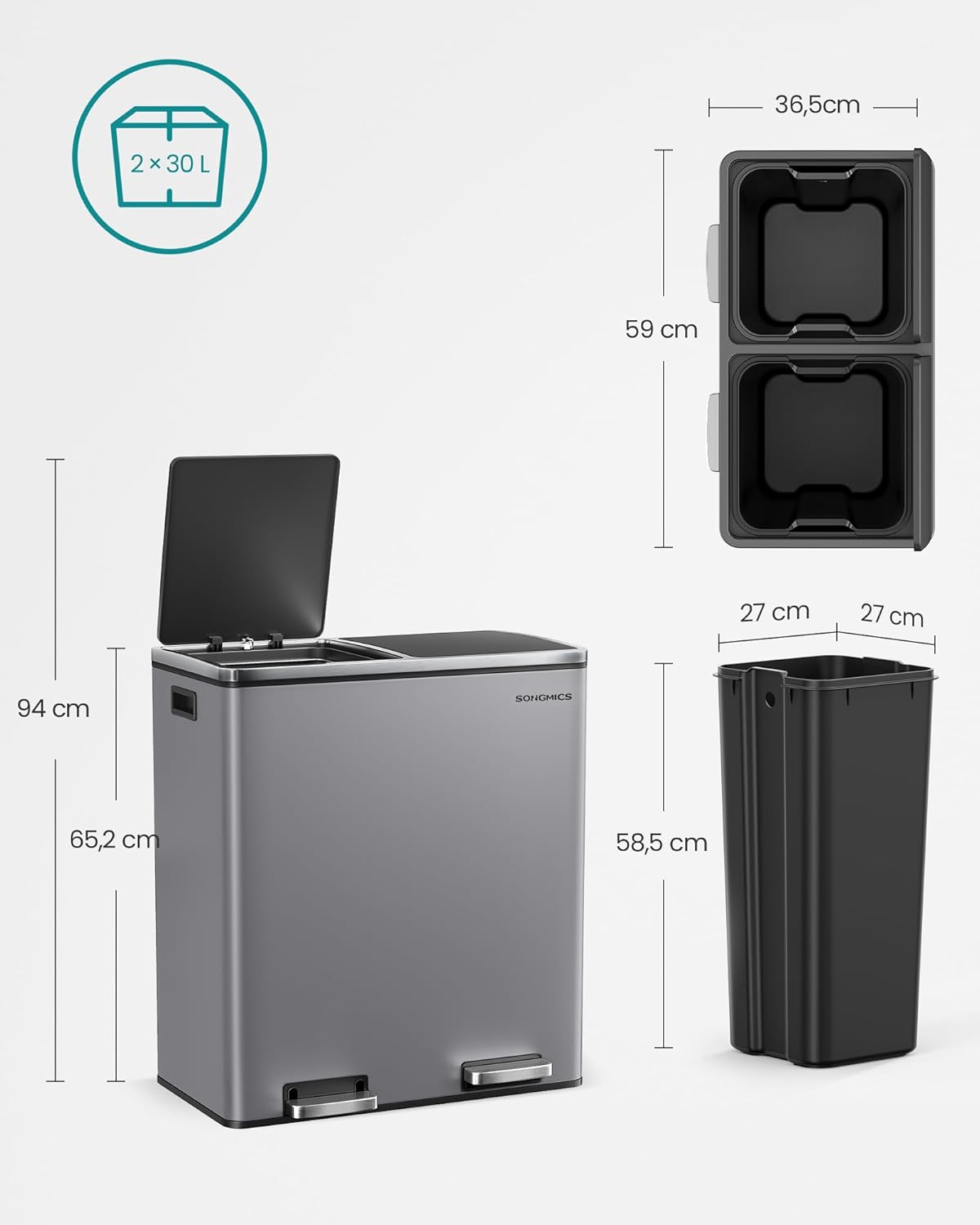 Mülltrennsystem Treteimer LTB060G01, 2 x 30 L, mit Softclose, schiefergrau, 2 x 30 L