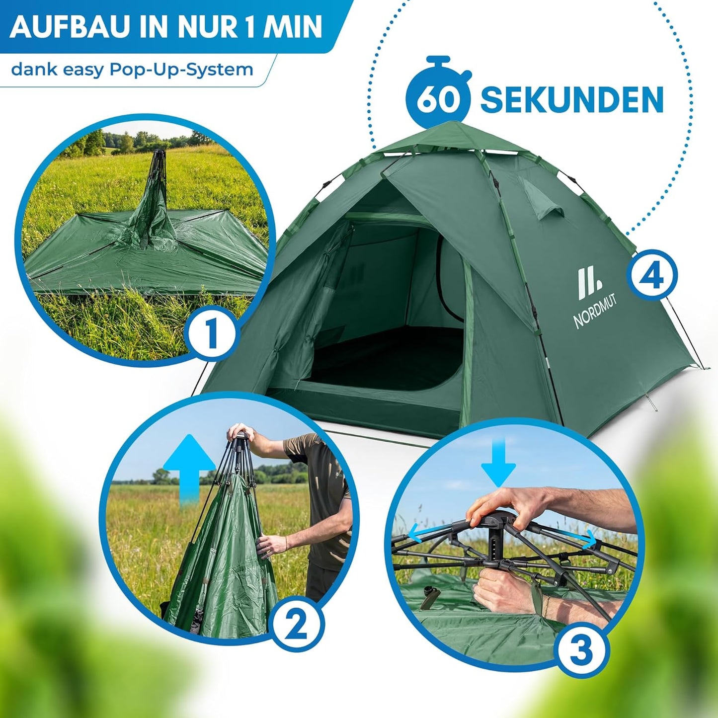 Pop Up Wurfzelt für 2-4 Personen, wasserdicht & UV-Schutz, Grün