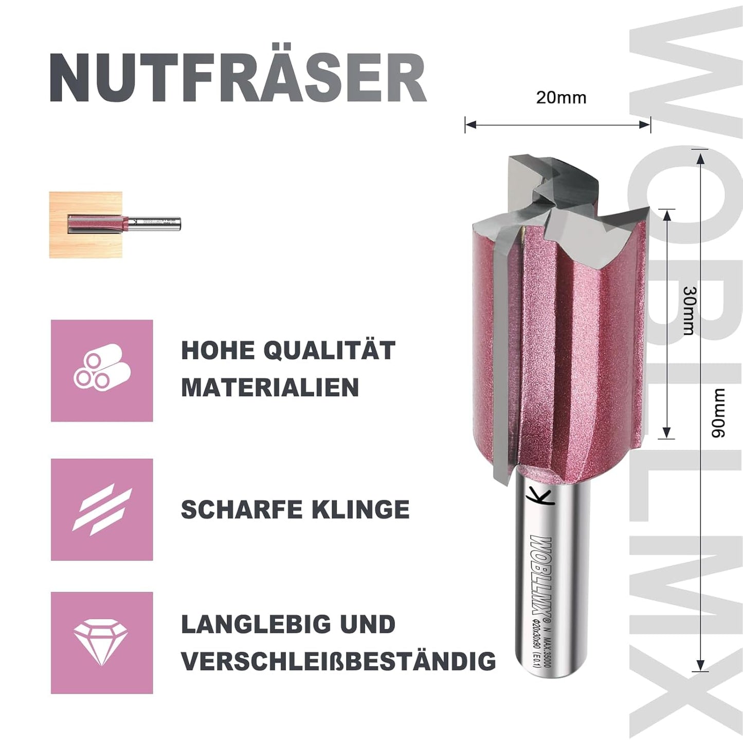3-Klingen Nutfräser, Ø:20mm L:30mm TL:90mm