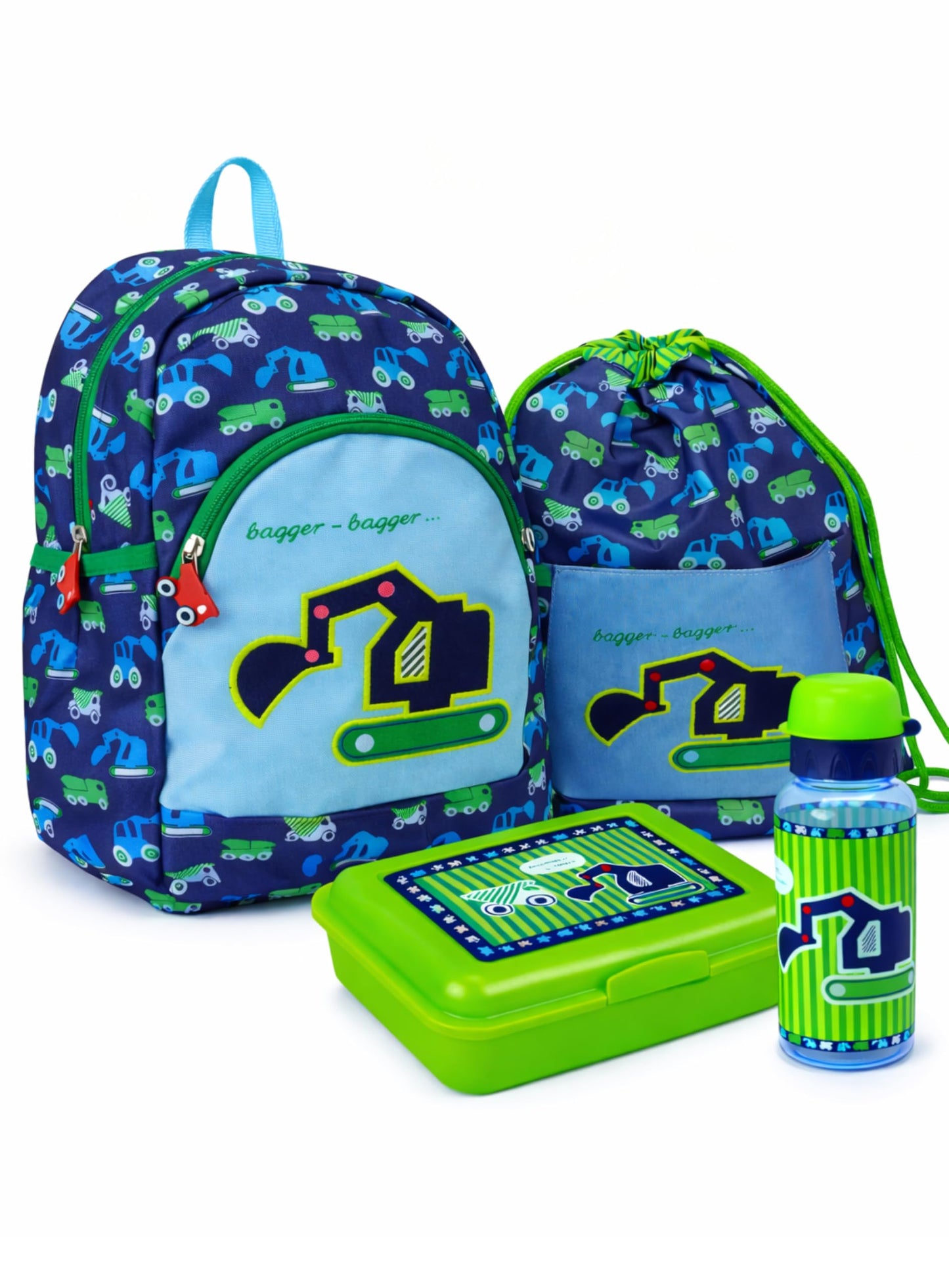4-teiliges Kindergartenrucksack-Set, Bagger - Grün & Blau Rucksack-Set