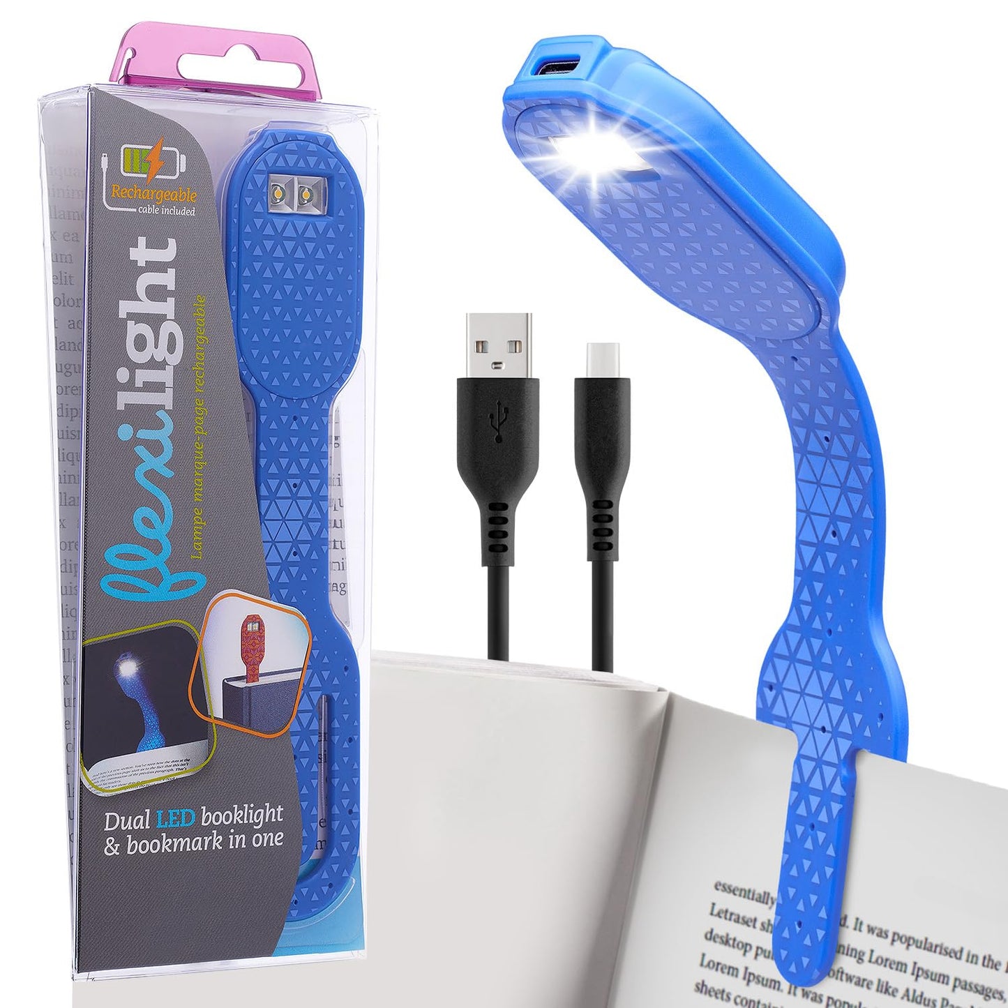 Flexilight 2-in-1 Clip On Leselampe & Lesezeichen, wiederaufladbar, Blau