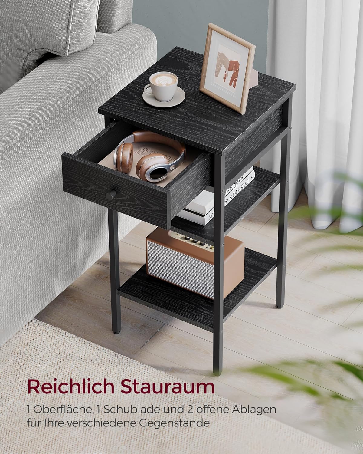 Nachttisch mit Schublade und Fächern im Industrie-Design, Ebenholzschwarz + Tintenschwarz