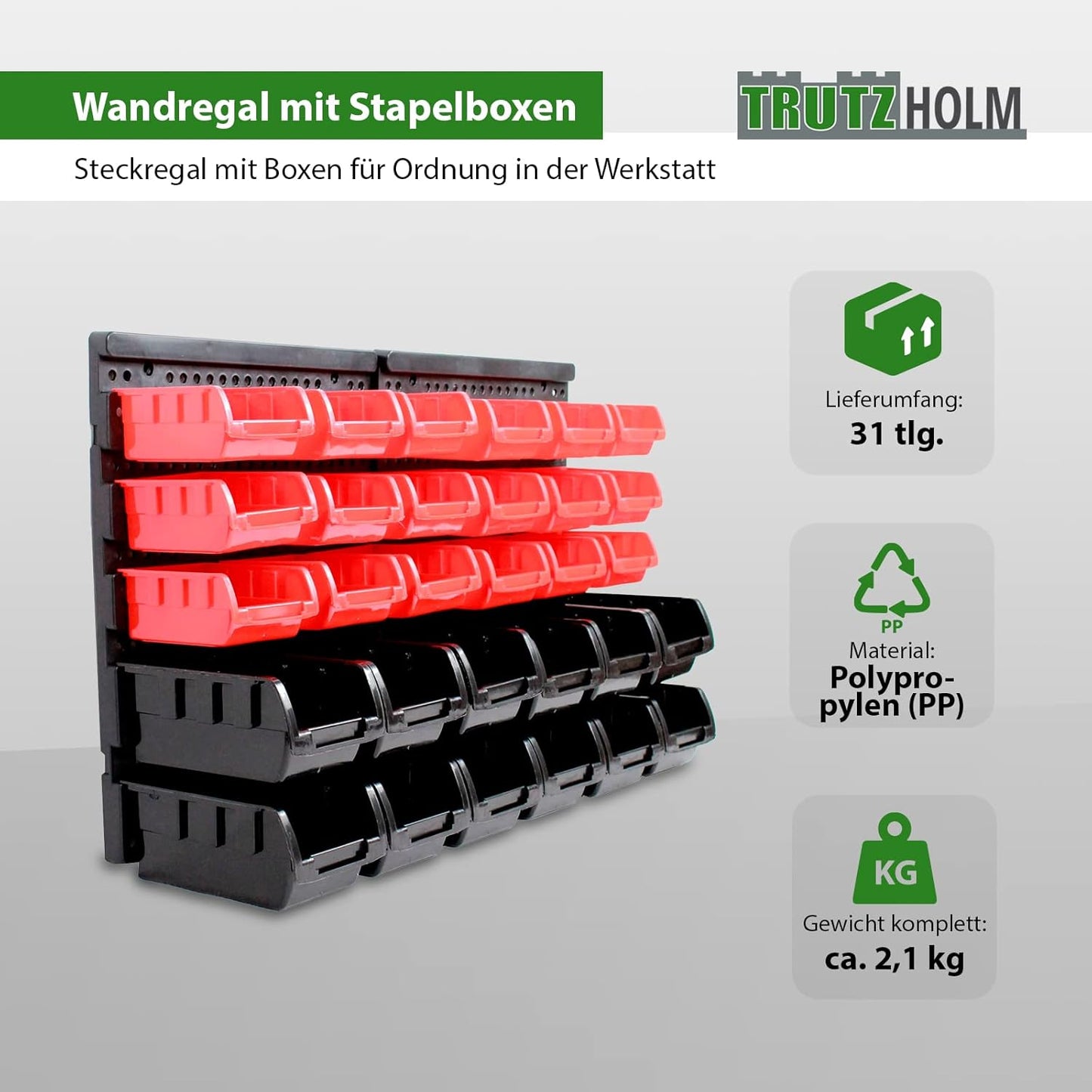 Werkzeugwand mit Stapelboxen, Rot