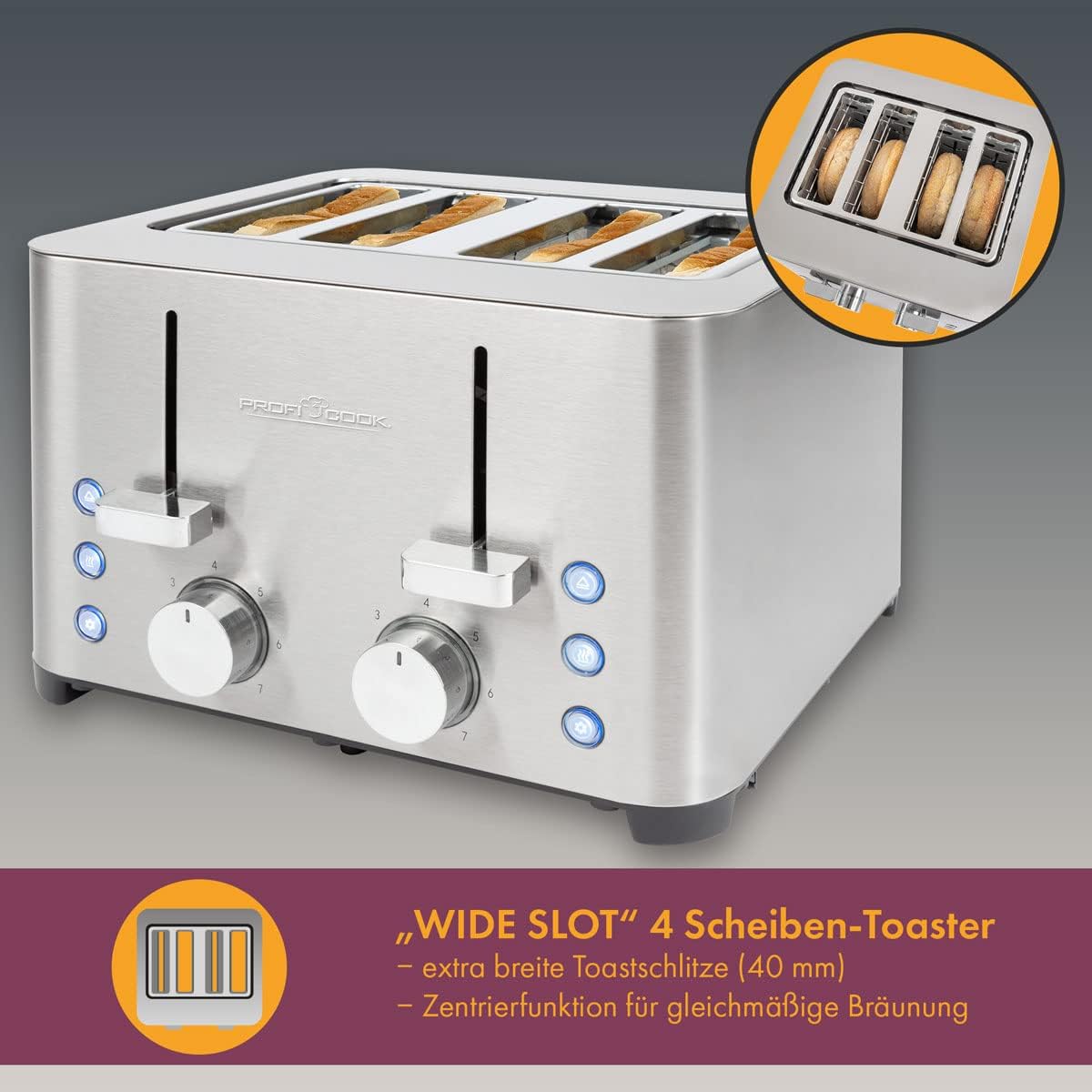 PC-TA 1252 inox - Toaster für 4 Scheiben mit Brötchenaufsatz, PC-TA 1252 inox