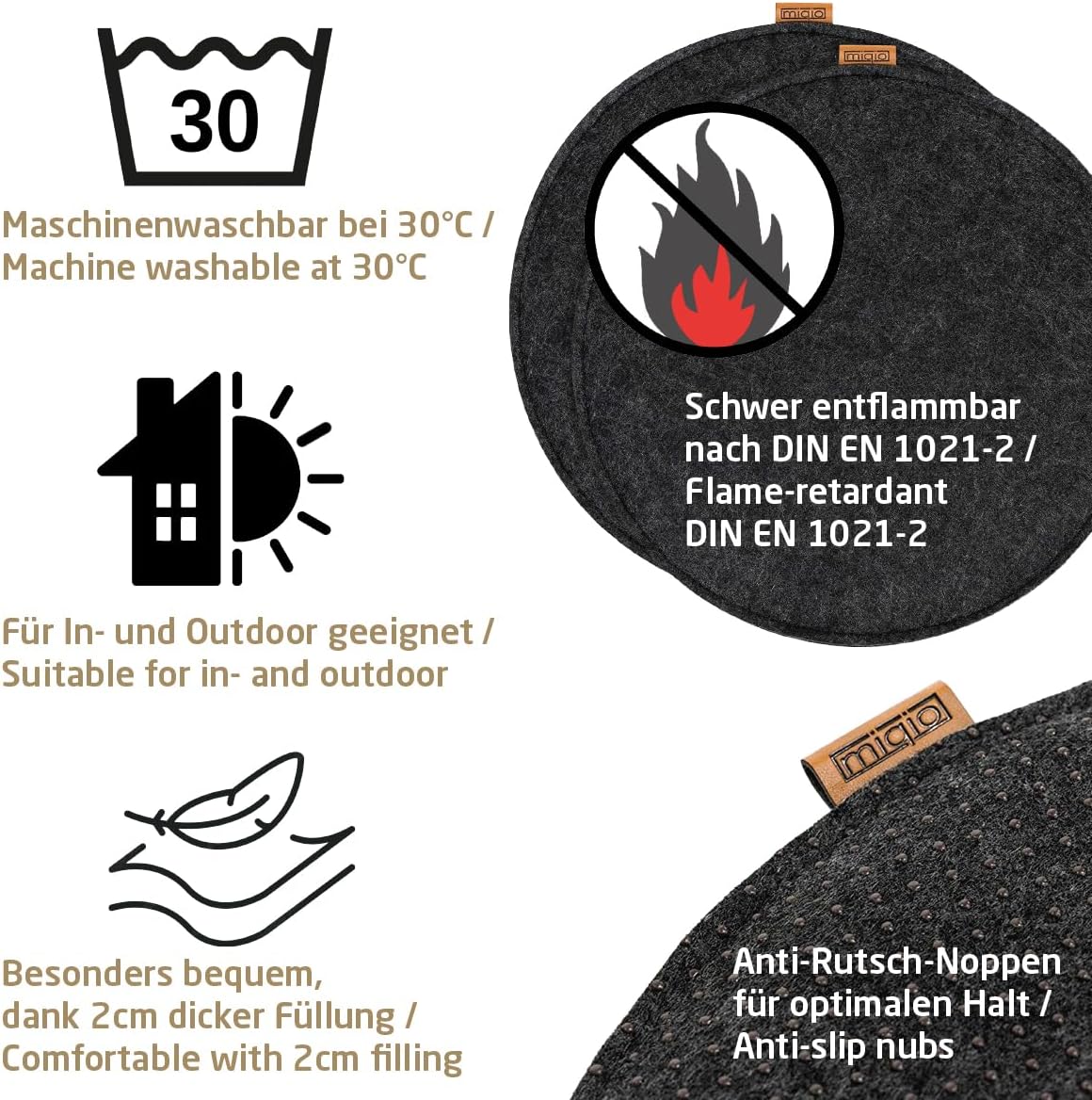 Filz Sitzkissen mit Antirutsch (6er-Set), 35 cm, 6er-Set Dunkelgrau Anthrazit