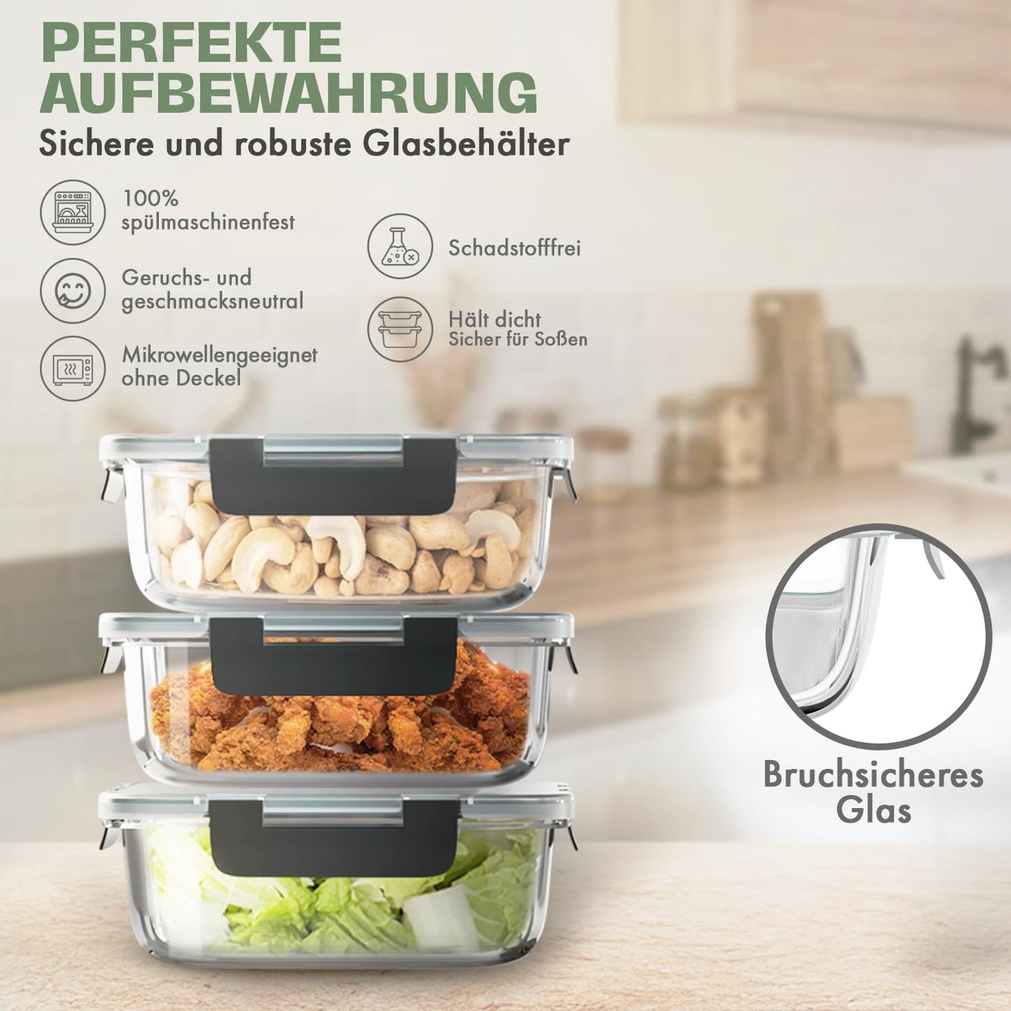 Vorratsdosen-Set aus Glas (3-teilig, luftdicht), Meal Prep Boxen 3er Set