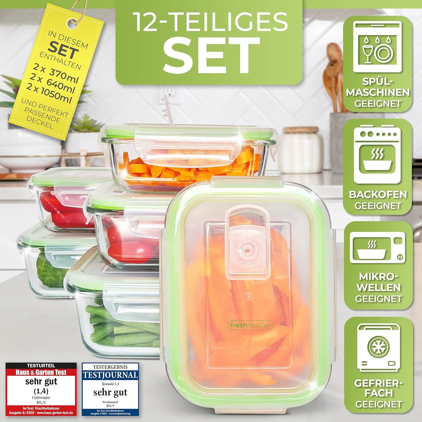 6-teiliges Vorratsbehälter-Set mit Deckeln, luftdicht, 12 teilig - grün
