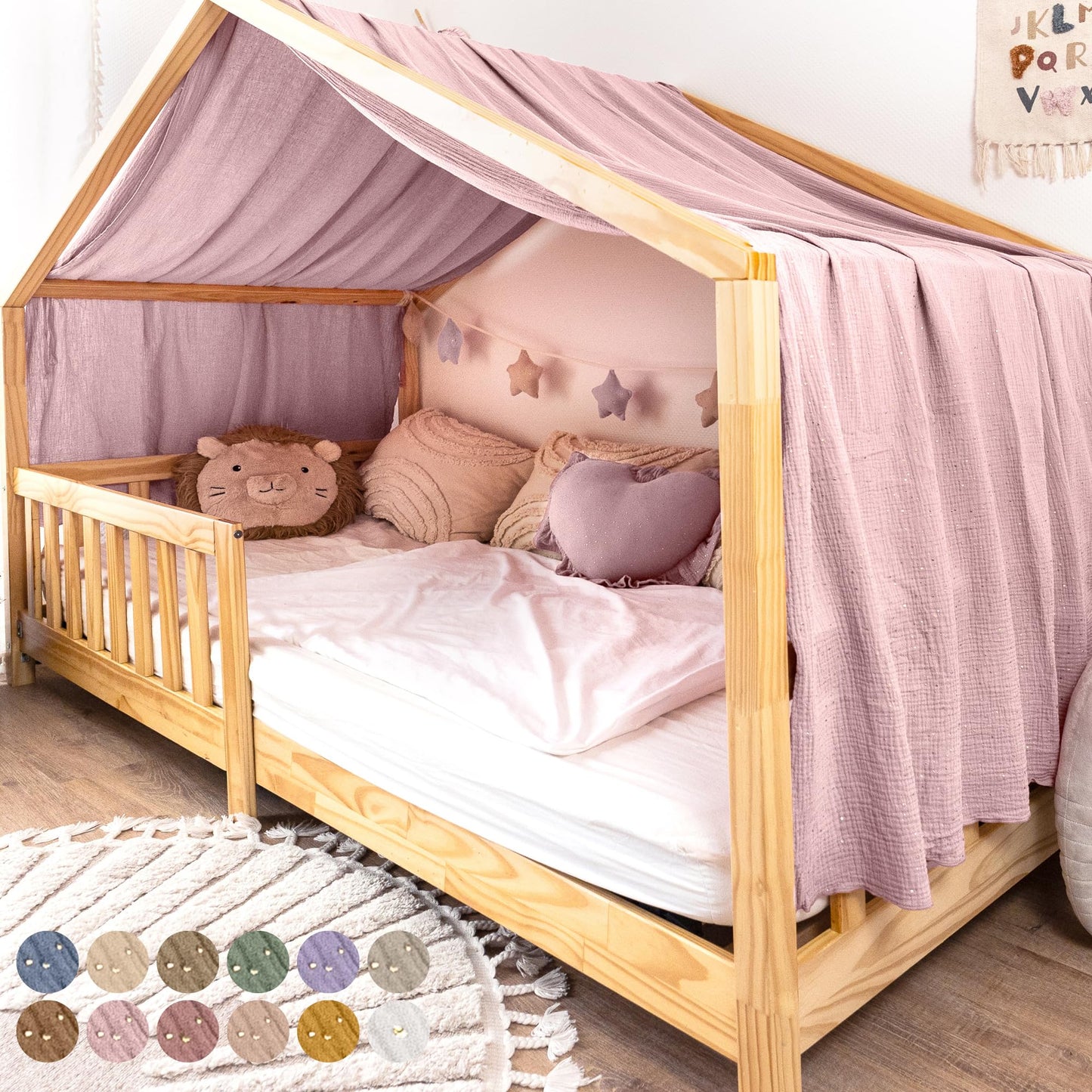 Hausbett-Stoffhimmel mit Goldakzenten, Puderrosa mit Gold 135 x 320cm