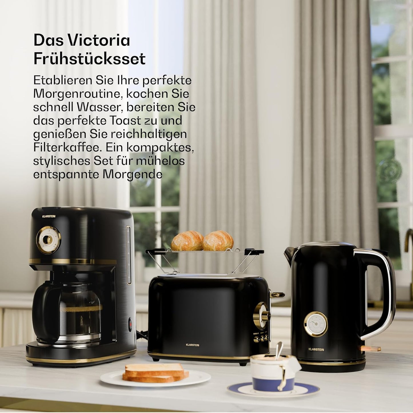 Retro Frühstücksset mit Toaster, Wasserkocher & Kaffeemaschine, Schwarz Komplettset