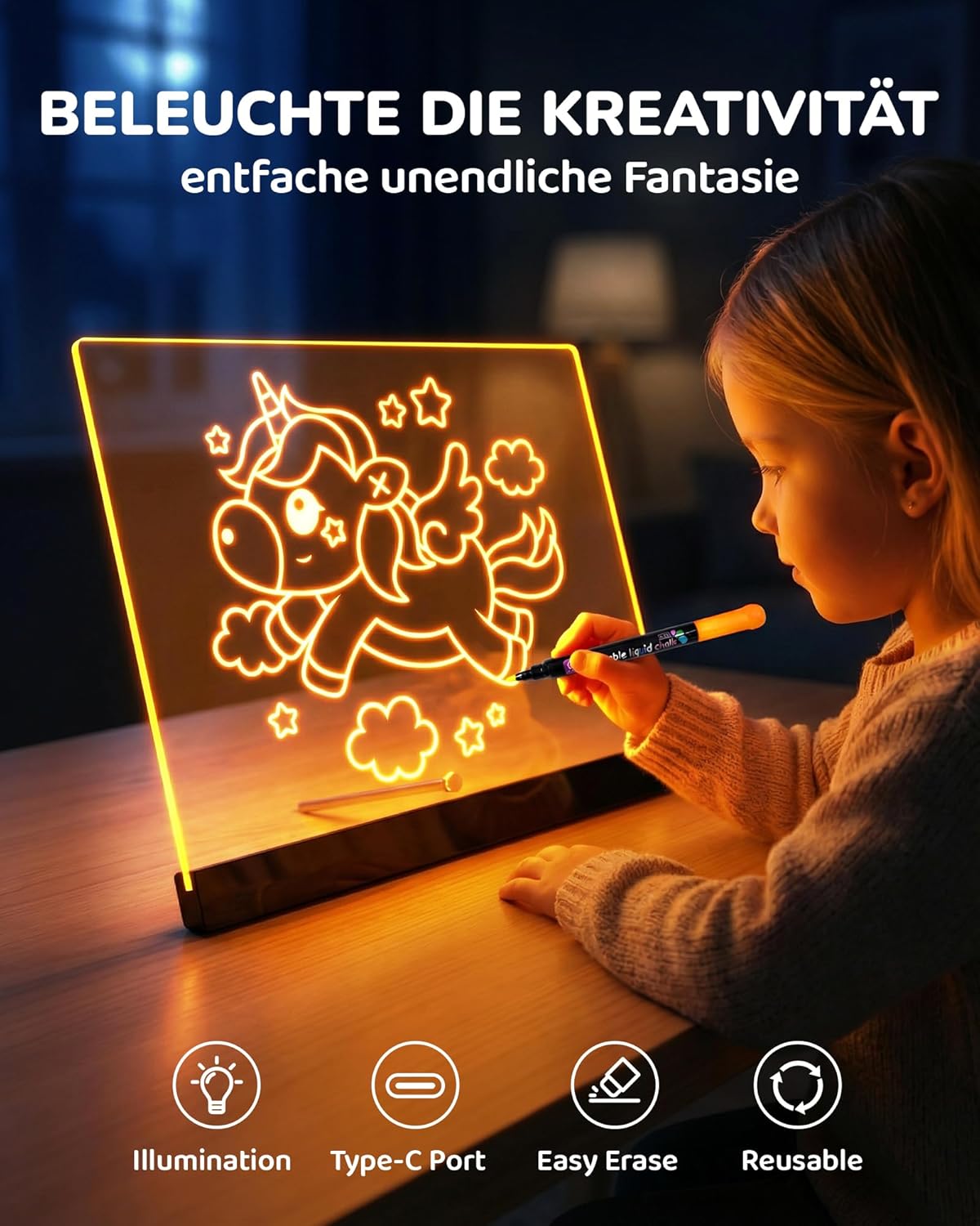 LED-Zeichentafel für Kinder, Schwarz 16 Zoll