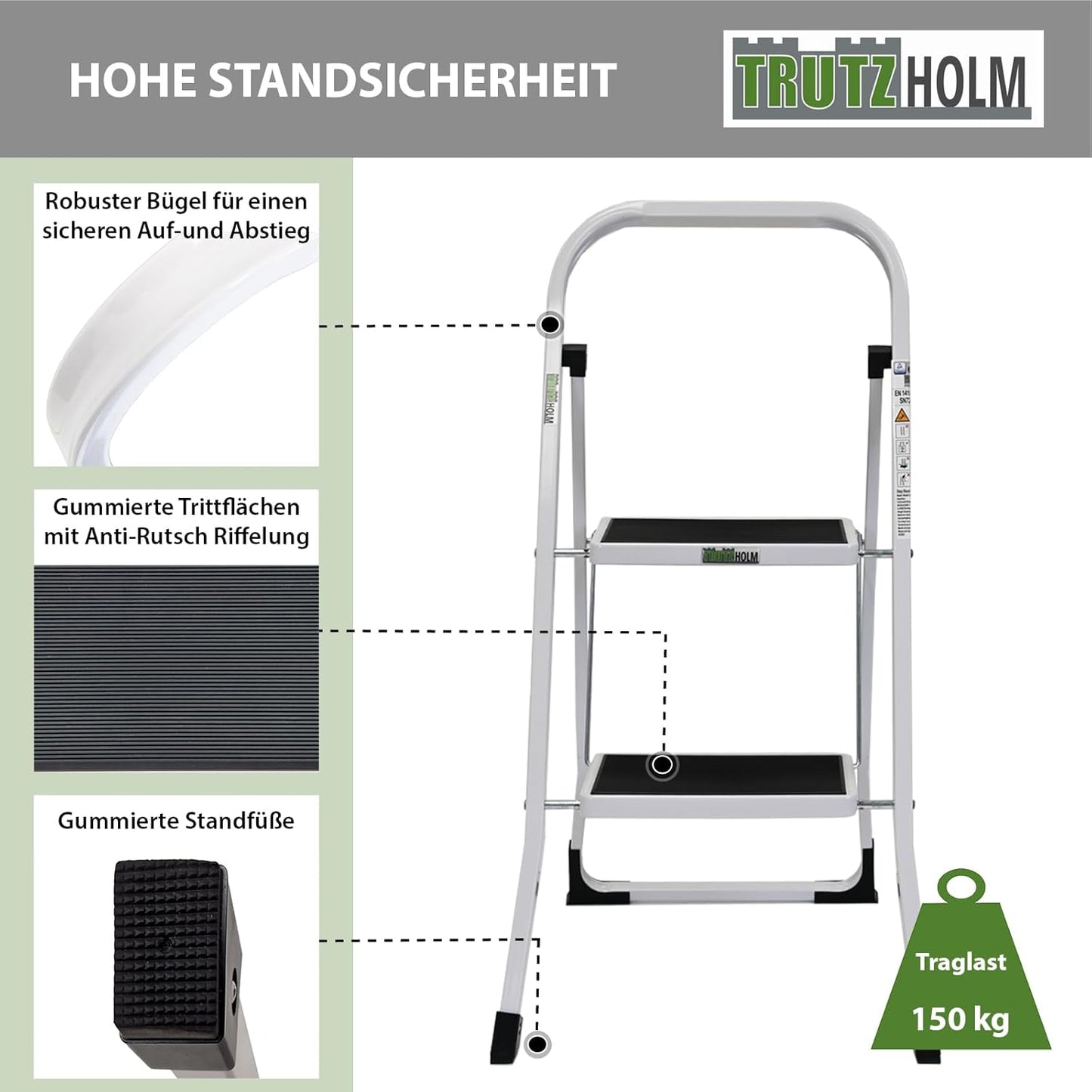 Klappbare Trittleiter, 2 Stufen, Weiss