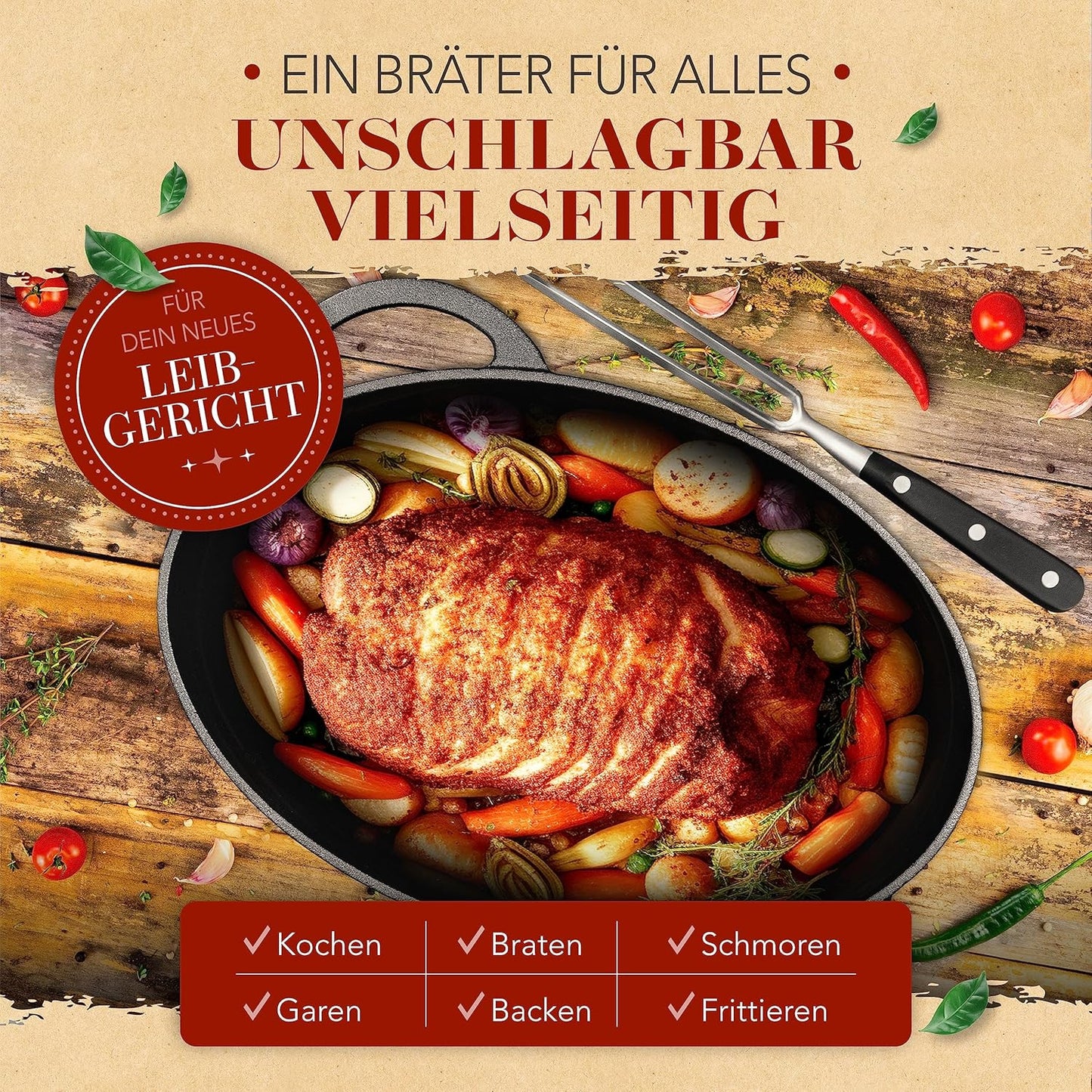 Gusseisen-Bräter mit Fleischgabel, 35cm+Fleischgabel