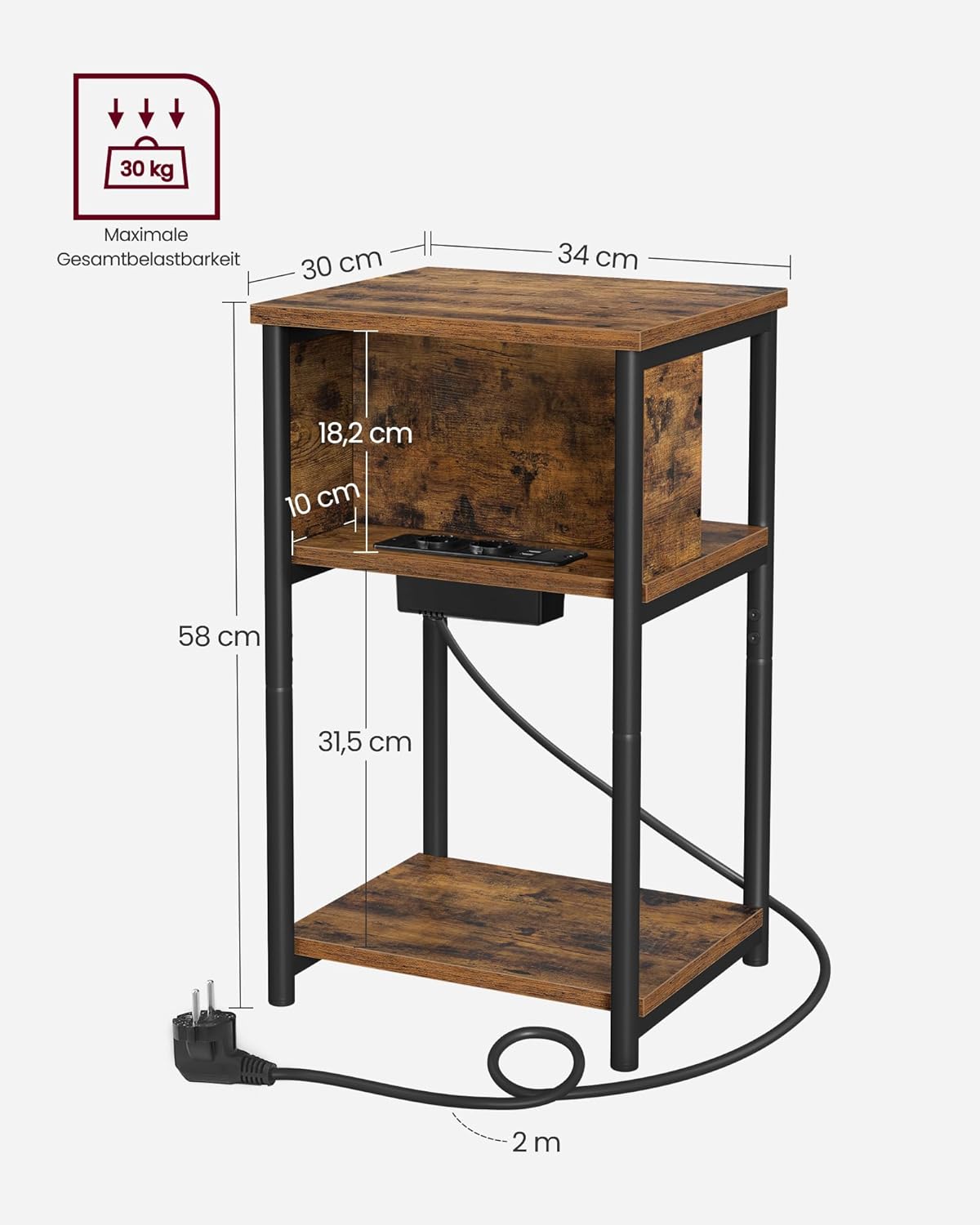 Beistelltisch Connect mit Steckdose und USB-Anschlüssen, Rustikales Braun + Schwarz