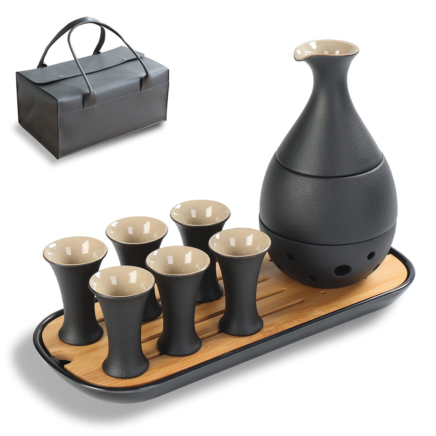 Japanisches Sake Set mit Karaffe und 6 Bechern, Luxuriöse Ledertasche Schwarze Frosted Finishing-ledertasche