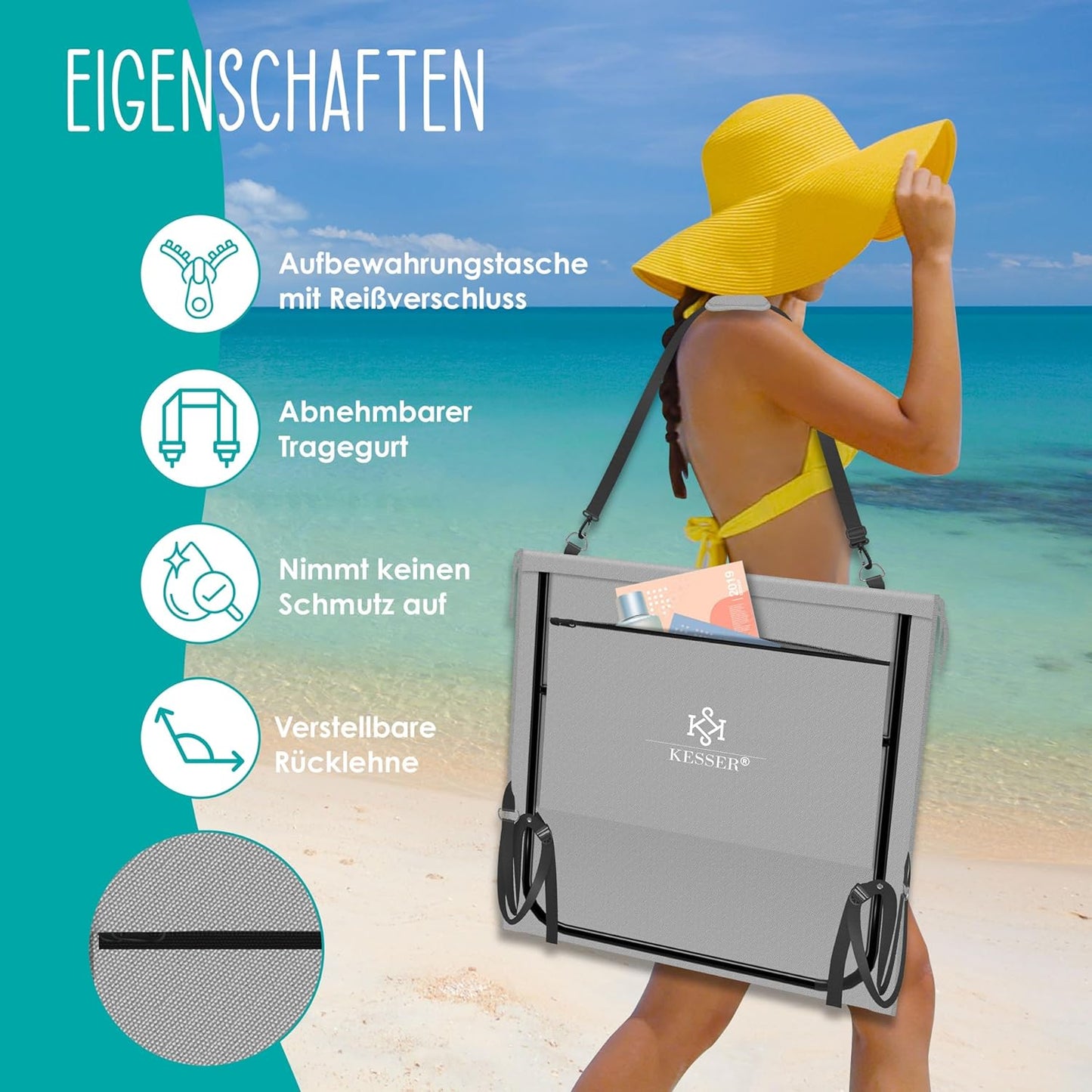 Klappbare Strandmatte mit verstellbarer Rückenlehne und Tragegurt 2er-Set, 2 Stück Grau