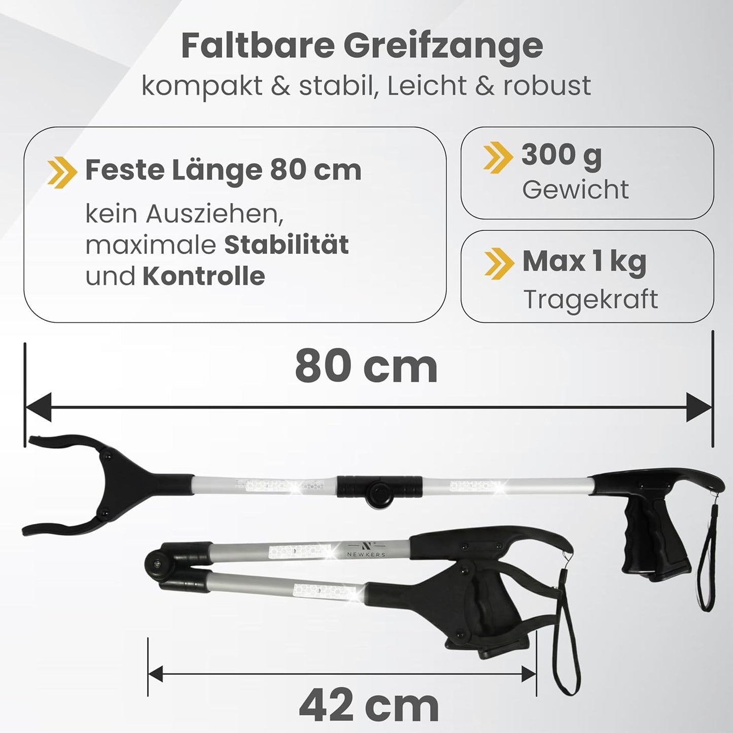 Faltbare Greifzange mit Schuhanzieher, Schwarz Silber