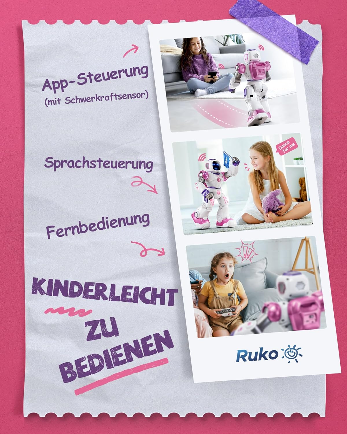 Intelligenter programmierbarer RC-Roboter für Kinder, Pink + Lila