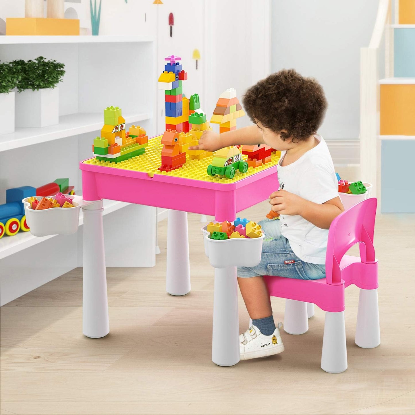 Kindertisch-Set mit Bausteinen, Rosa