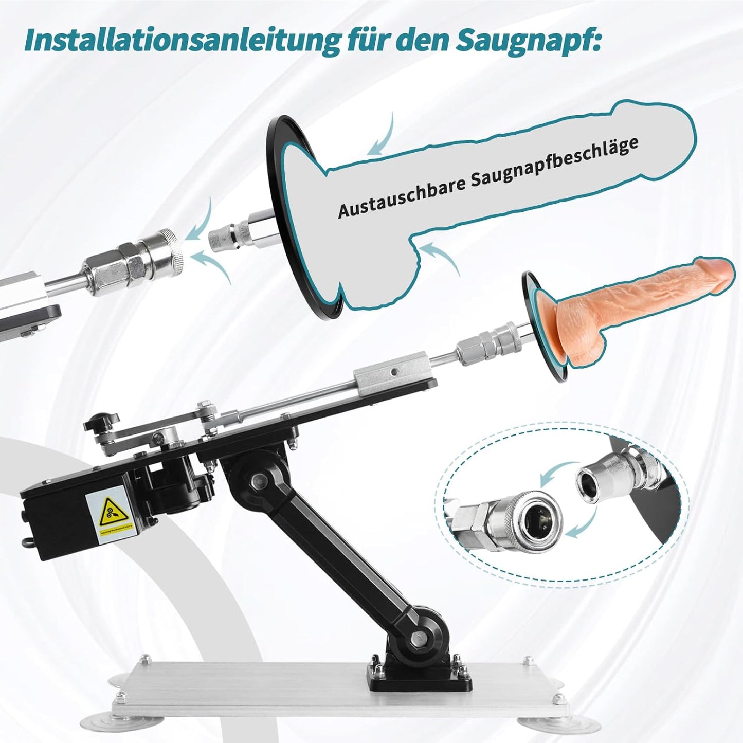 Fickmaschine mit Dildo, Fernbedienung und Adapter, Silber mit Schwarz