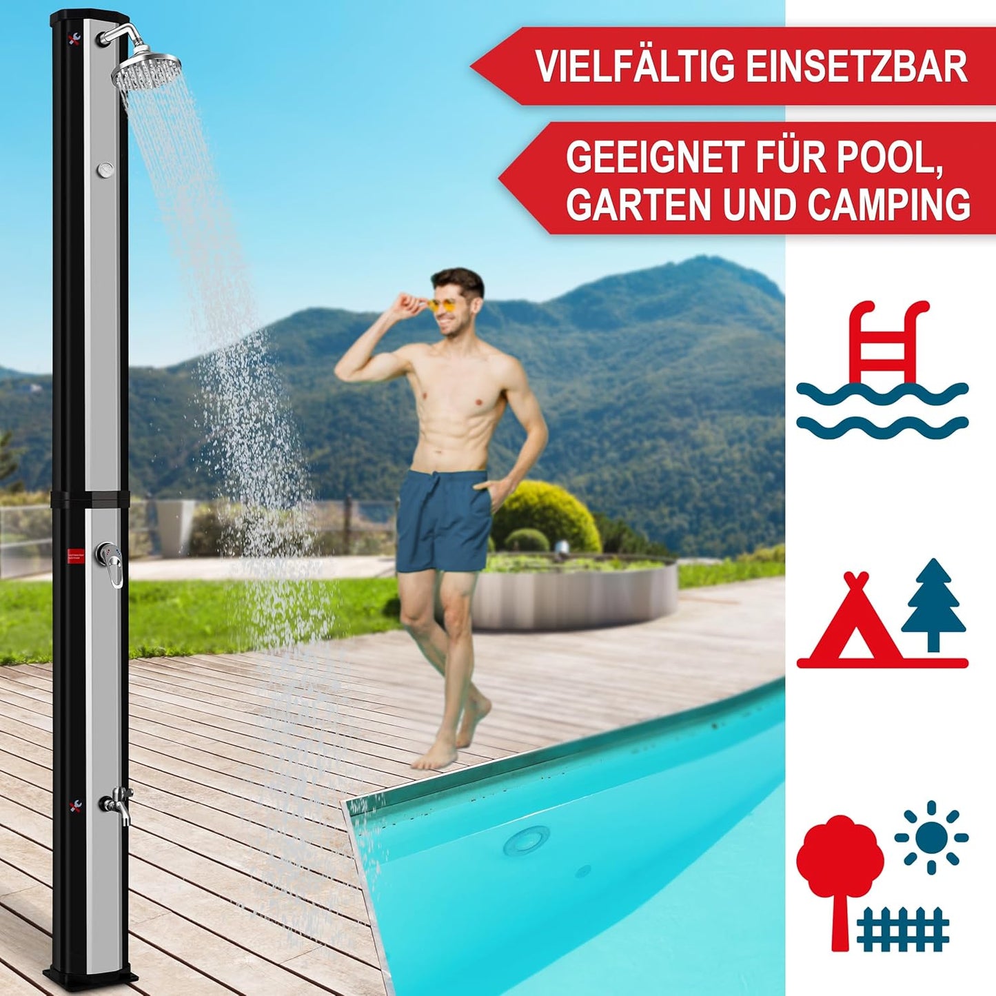 Solardusche mit Regenschutz & Thermometer, Schwarz-Silber
