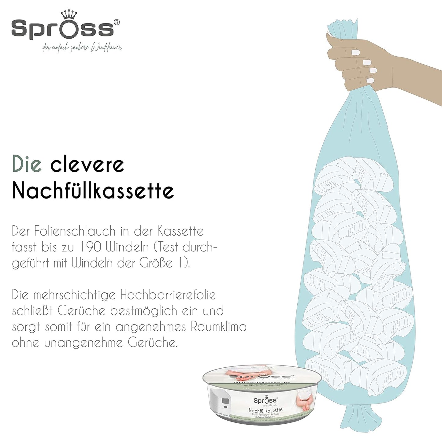 Baby Windeleimer inkl. Nachfüllkassette, 2 Stück (1er Pack) ; weiss-grau