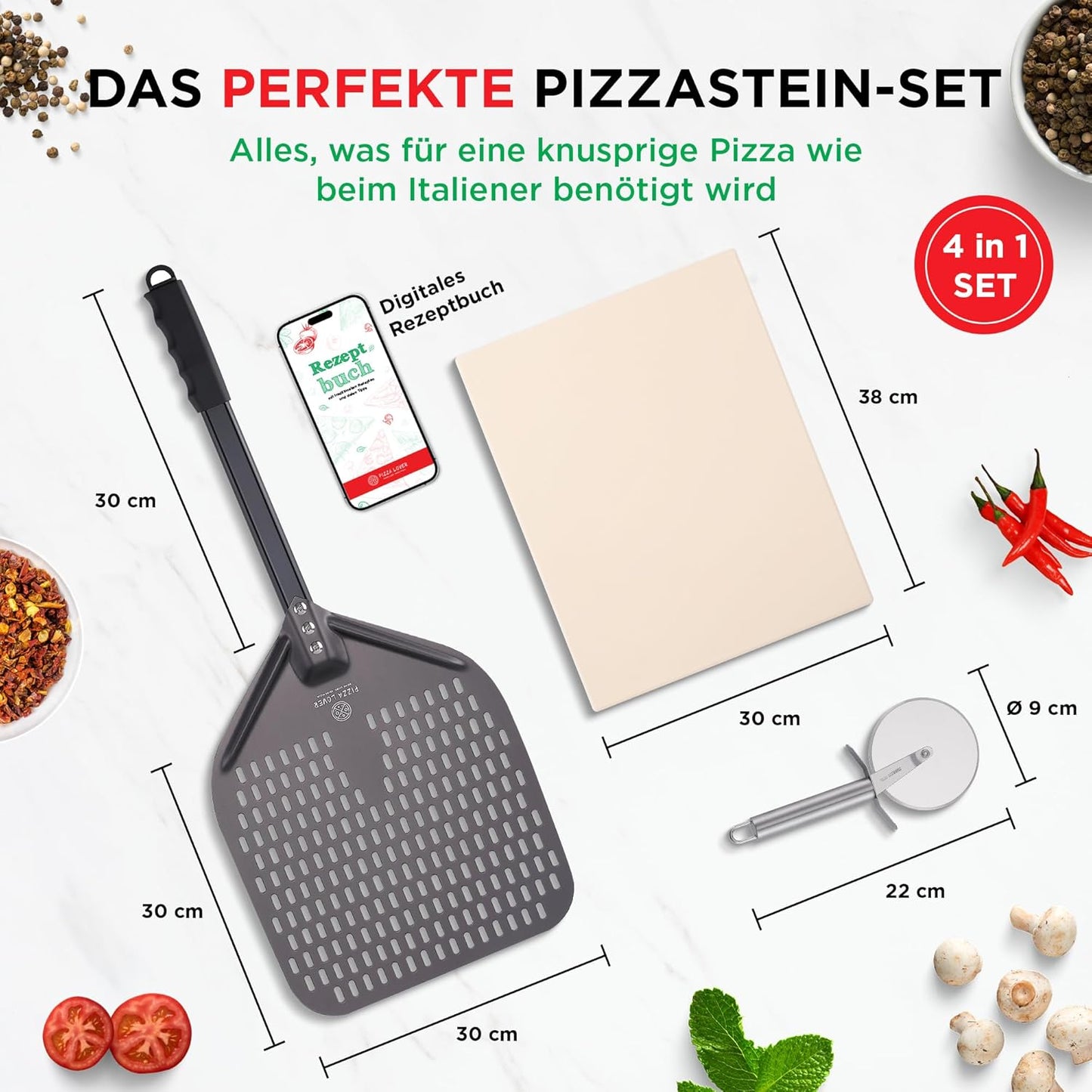 Pizzastein-Set, Set mit Roller