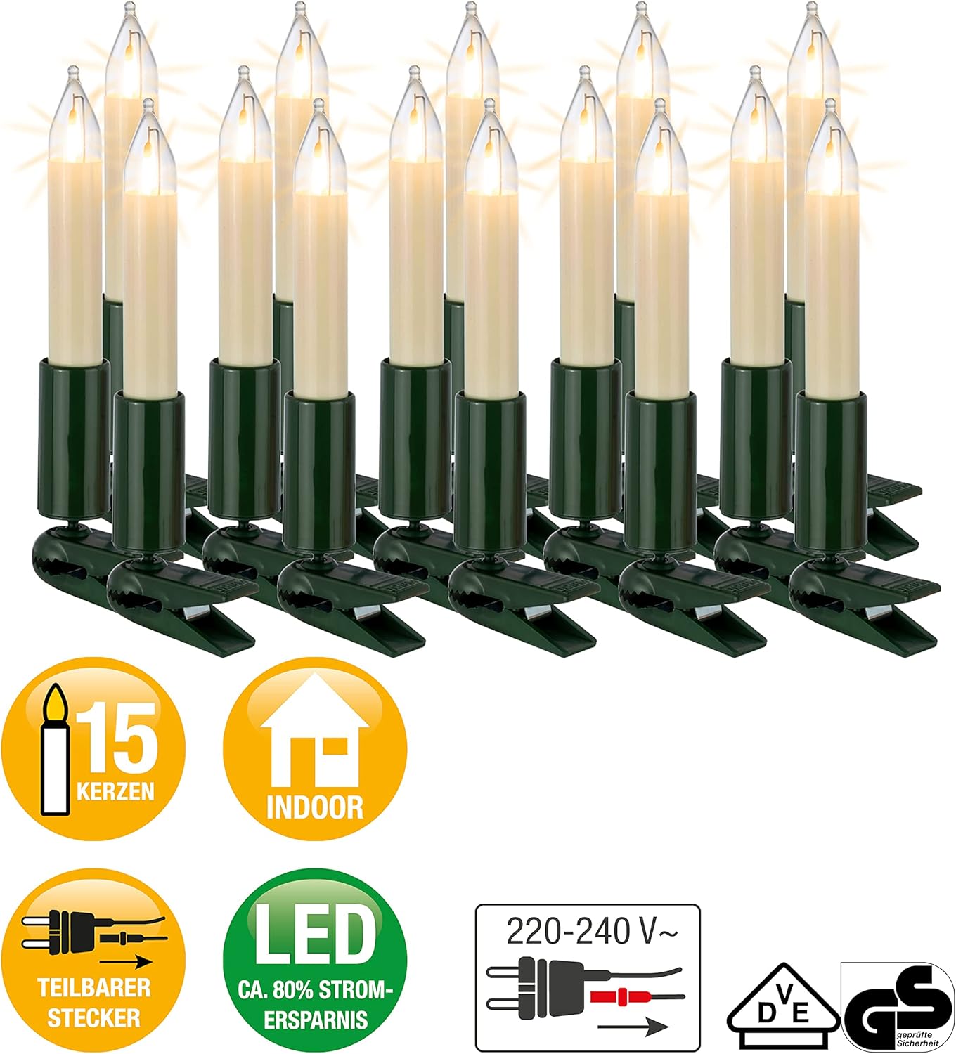 15 LED Christbaumkerzen, 9,8 m Lichterkette, 15 LED-Filament / 9,8m beleuchtet Ohne Flackereffekt
