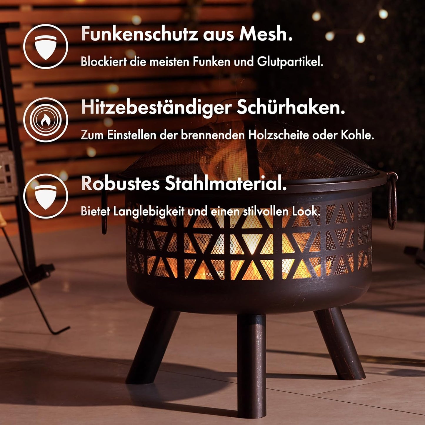 Feuerstelle tragbar für Garten & Terrasse, Braun mit Geometrischem Design