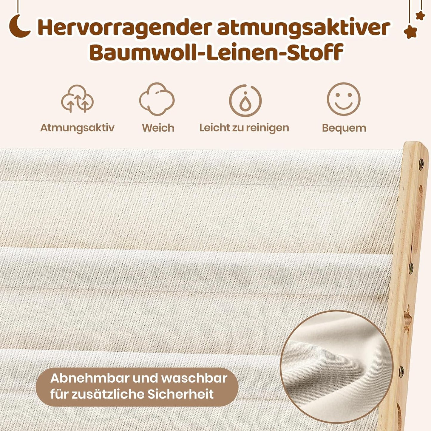 Kinder-Bücherregal mit 6 Stofffächern, platzsparend, Naturholzfarbe Medium