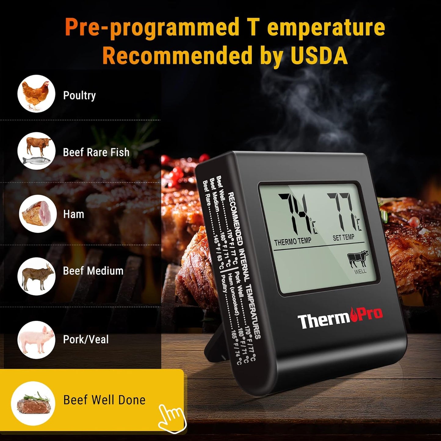 TP16 Fleischthermometer mit Timer für BBQ und Grill, Schwarz