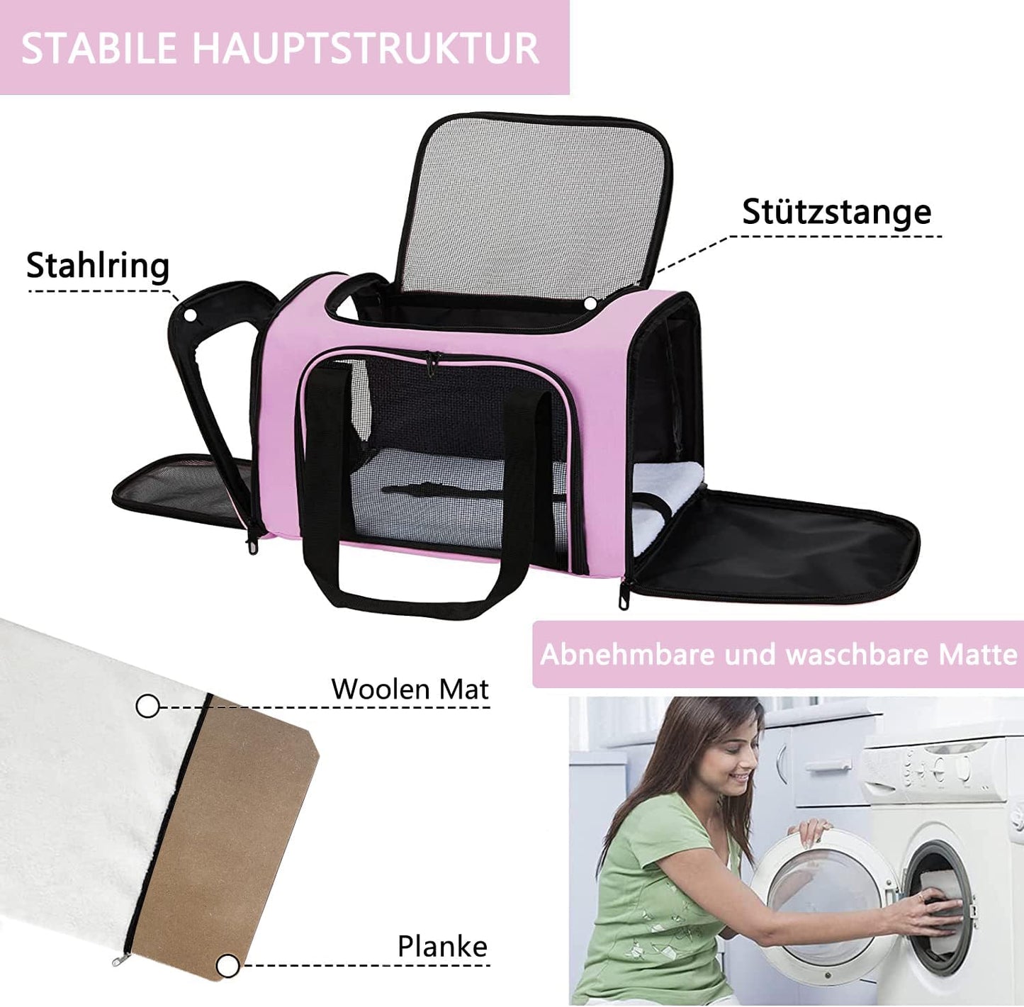 Faltbare Haustier-Transporttasche bis 5 kg, 43 x 28 x 28cm Rosa