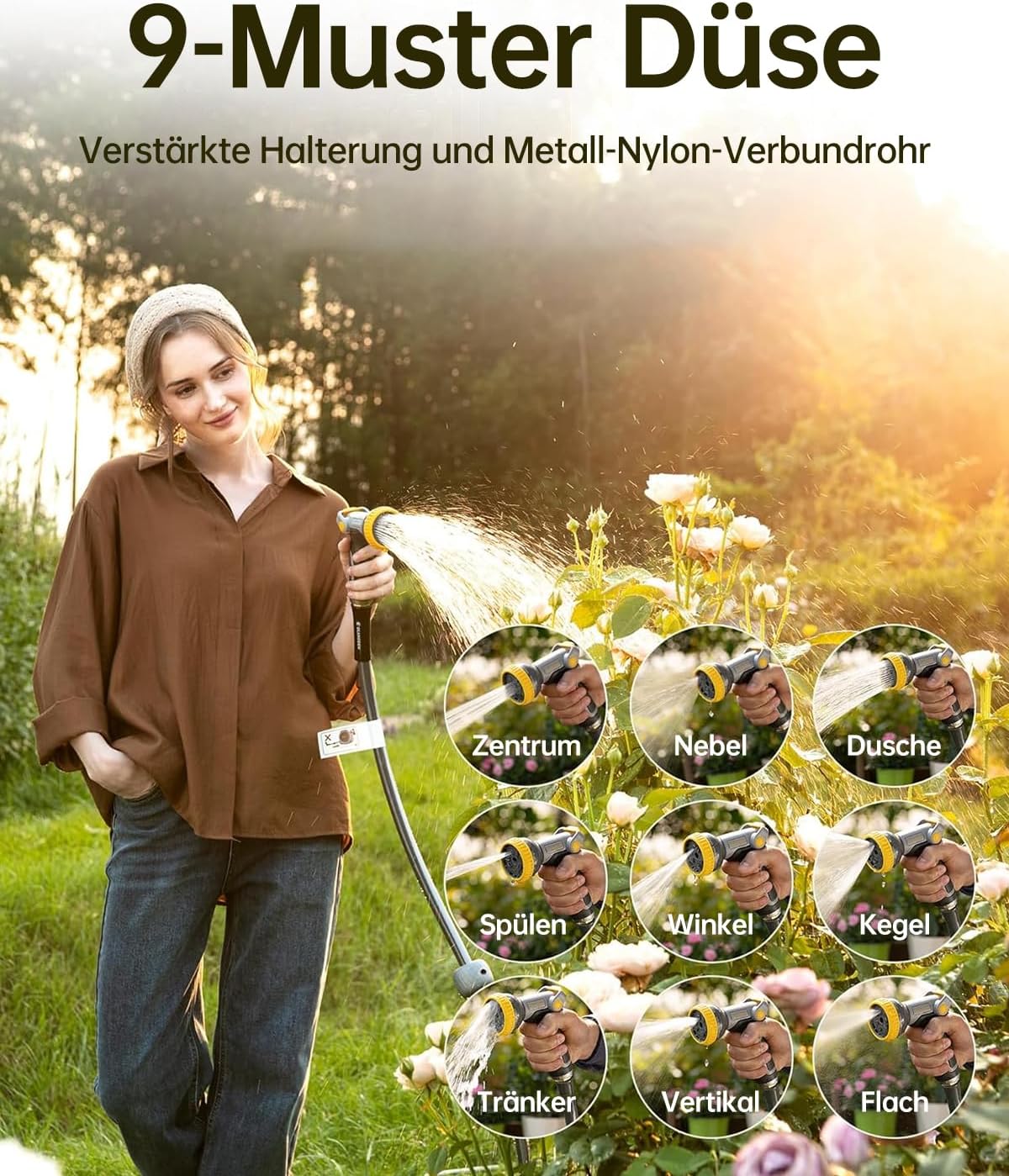 Schlauchtrommel mit Gartenschlauch und Multifunktionsdüse, 40M